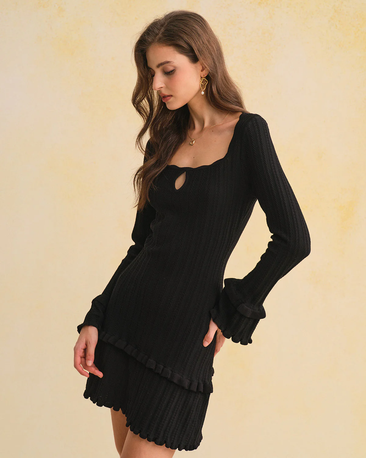 Black Bell Sleeve Ruffle Sweater Dress