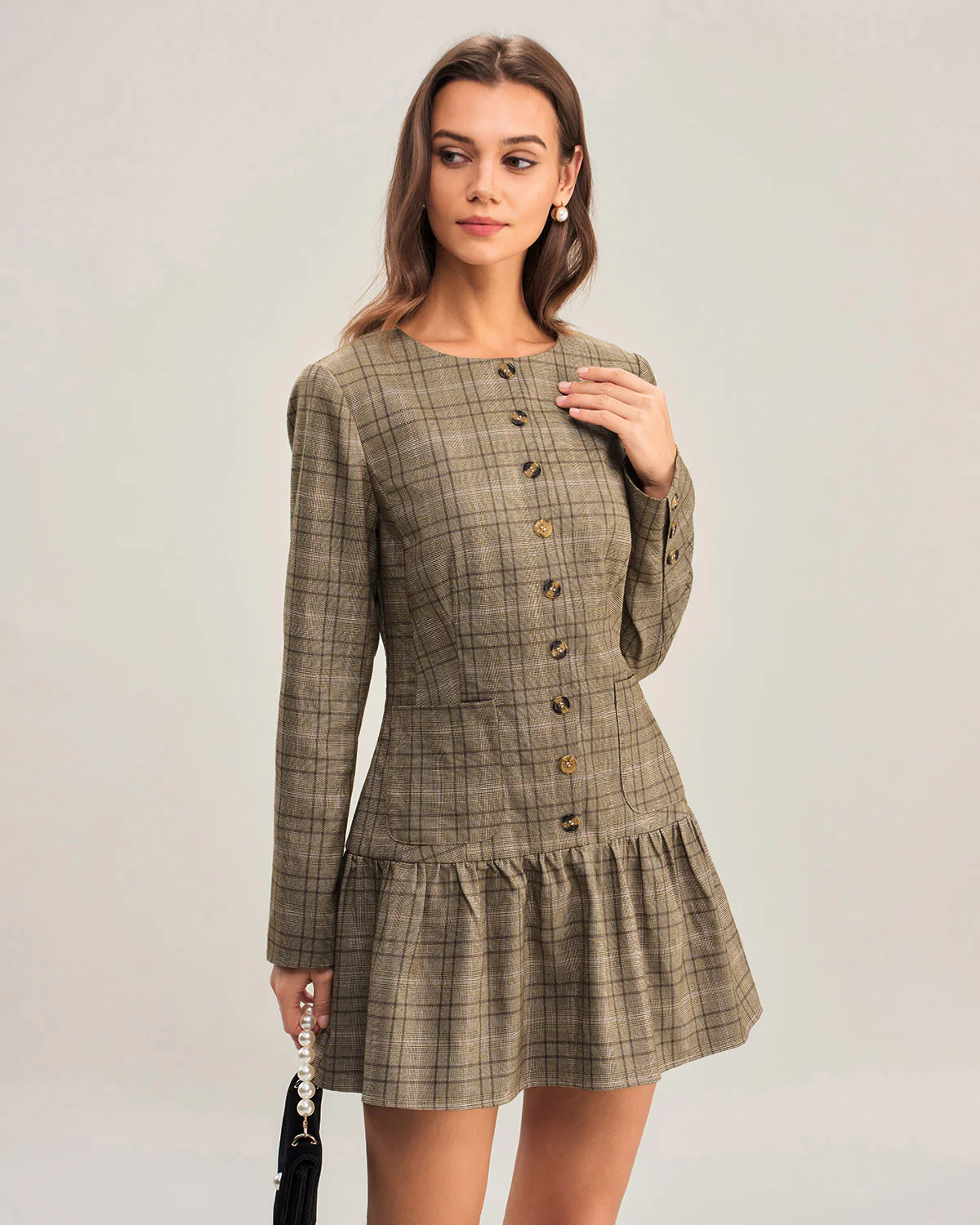 Khaki Plaid A-Line Pleated Mini Dress