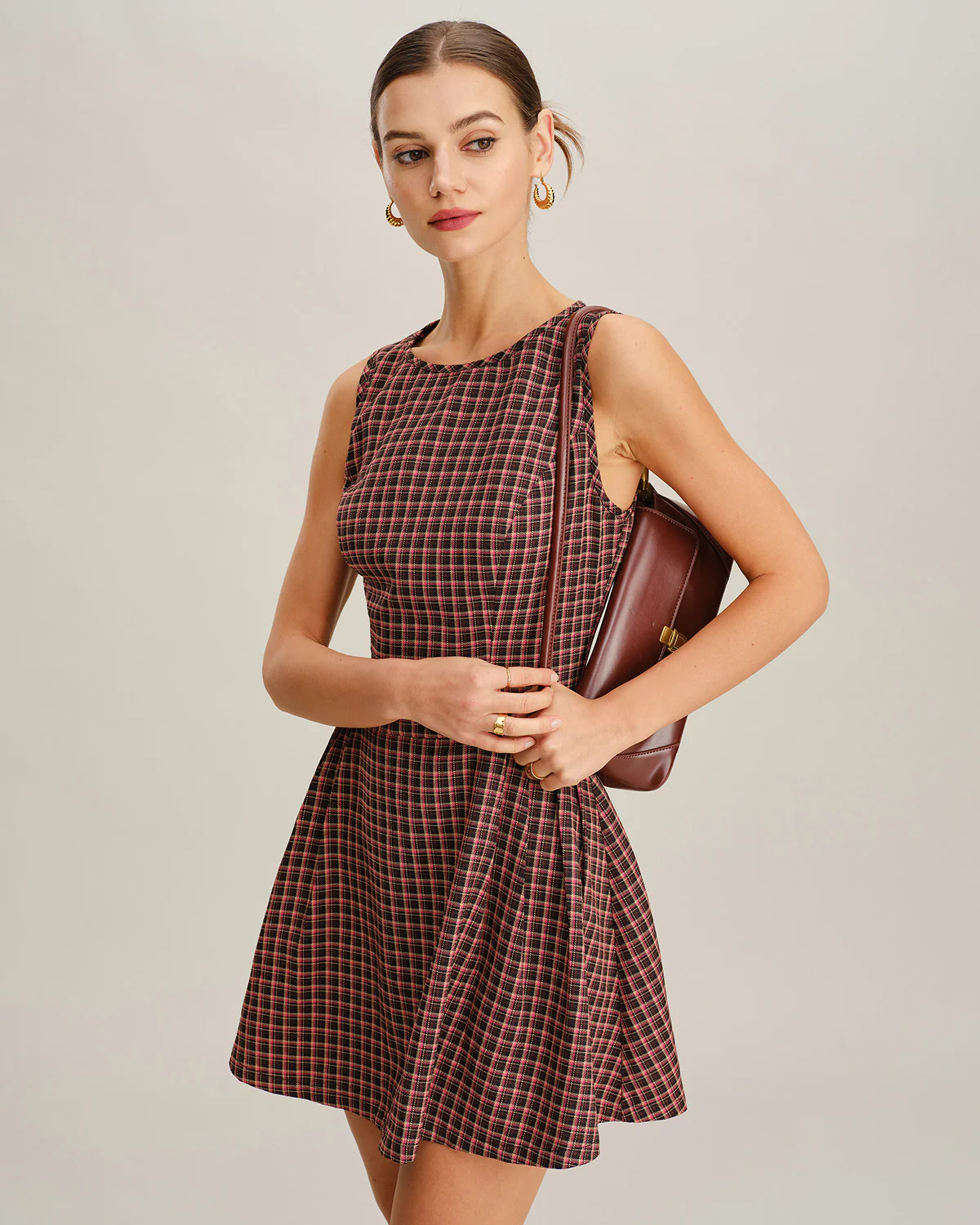 Red Plaid Boat Neck Sleeveless Mini Dress