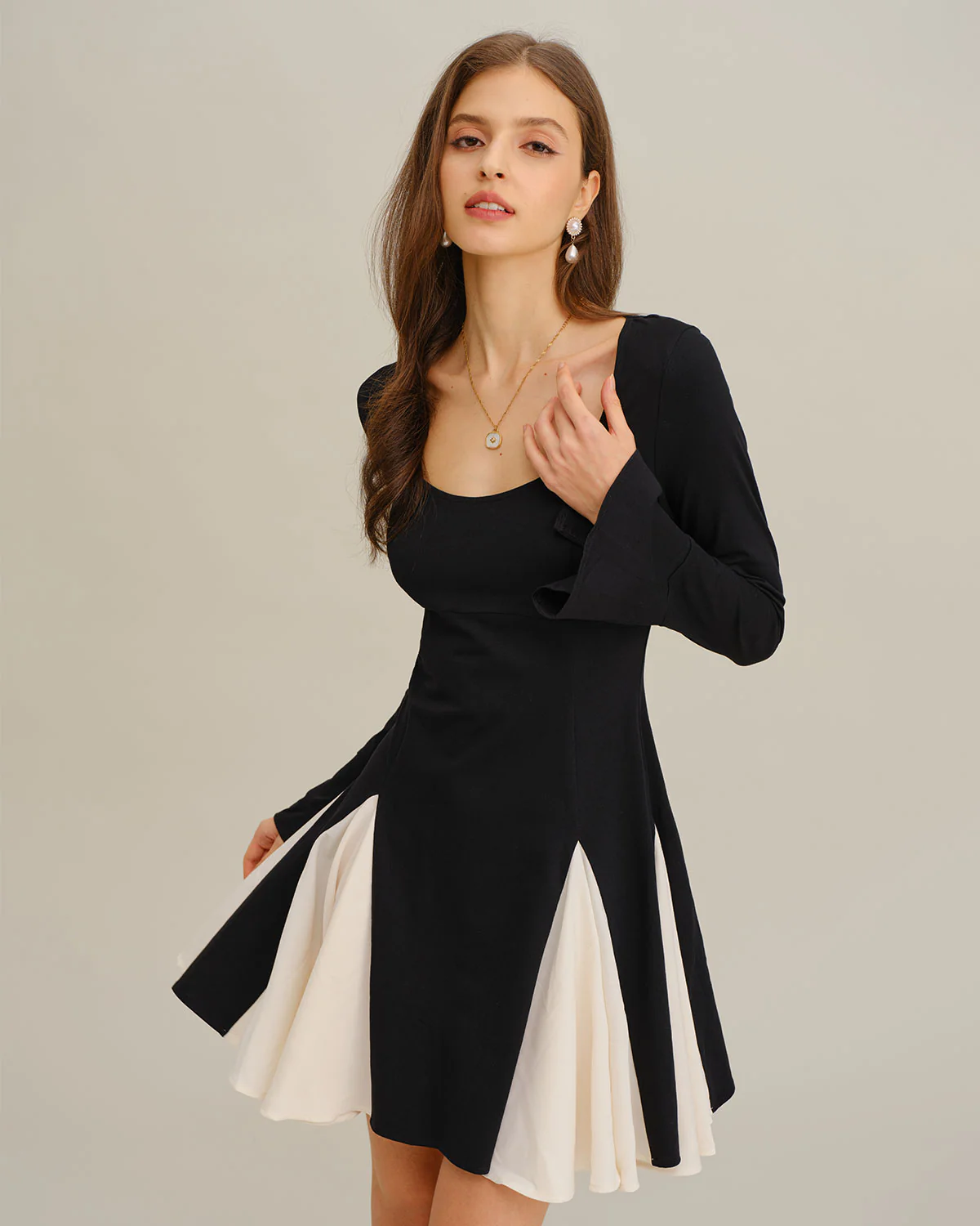Black Contrasting Bell Sleeve Mini Dress