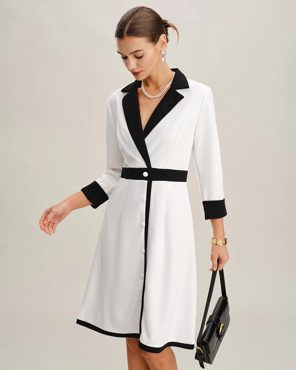 White Contrasting V Neck Button Midi Dress