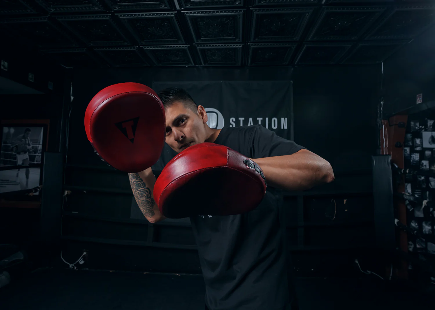 TITLE Boxing Blood Red Leather Punch Mitts
