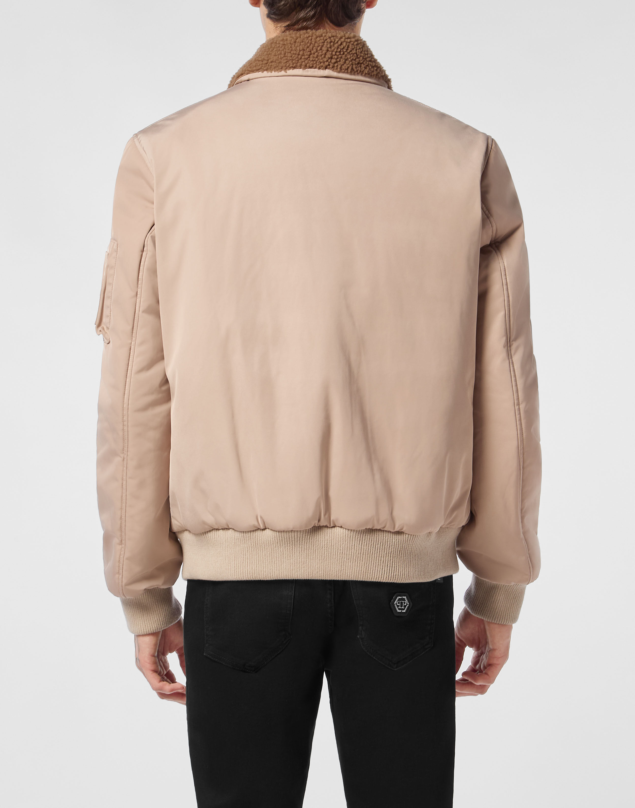 PHILPP PLEIN Nylon Aviator Jacket with Shearling Collar