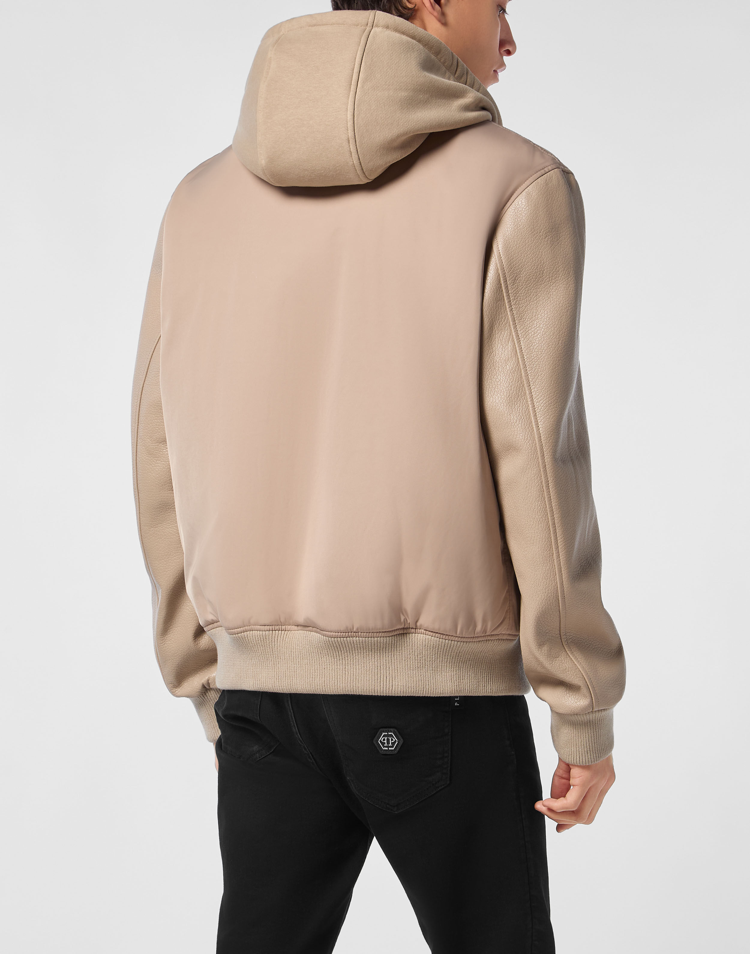 PHILPP PLEIN Nylon & Leather Varsity Bomber Hooded Jacket
