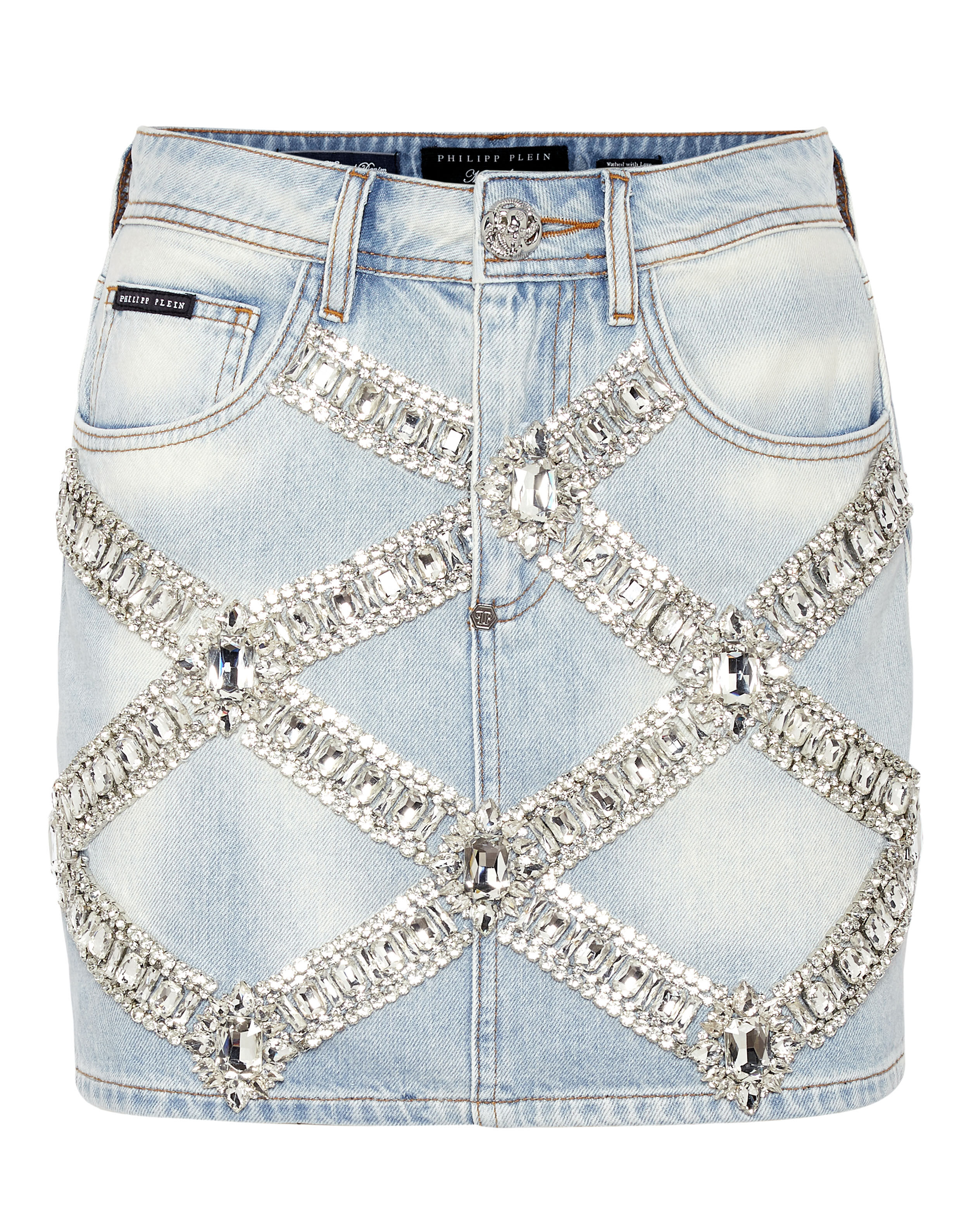 PHILPP PLEIN Denim Mini Skirt Brooches