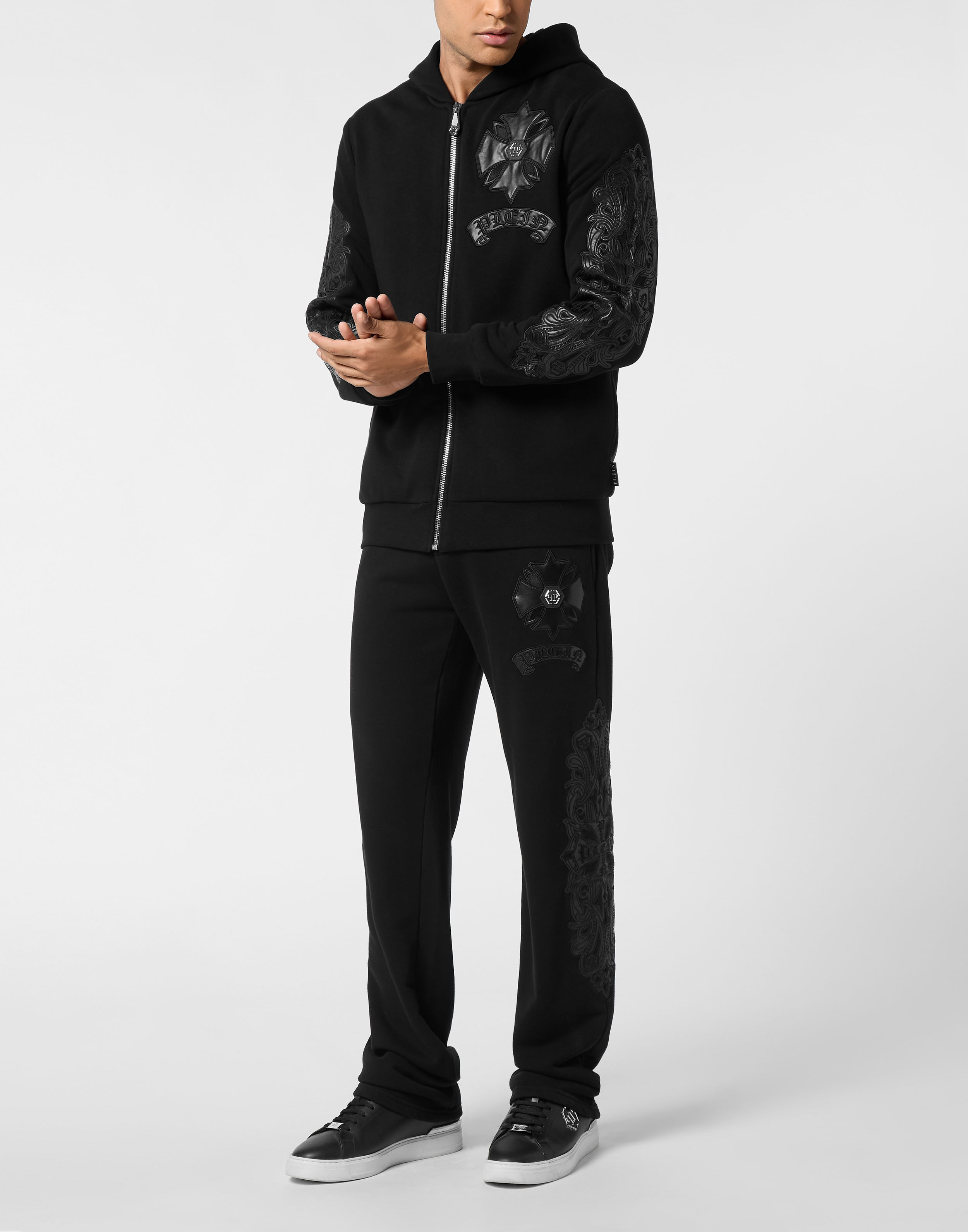 PHILPP PLEIN Zip Hoodie with Leather Inserts Chrome Crest