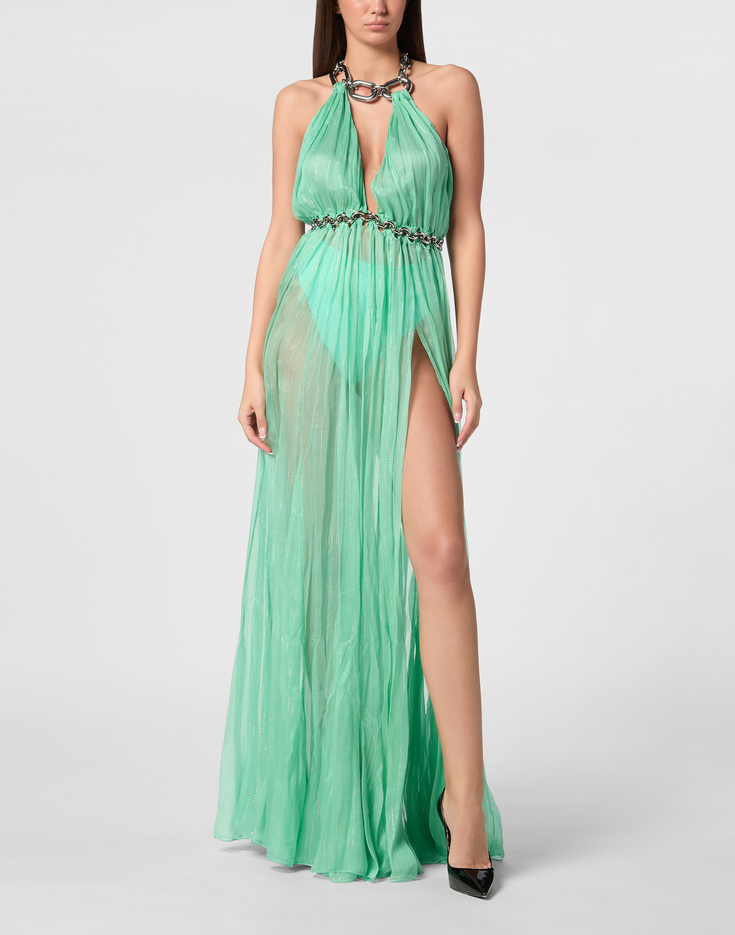 PHILPP PLEIN Chiffon Woven Chain Long Dress