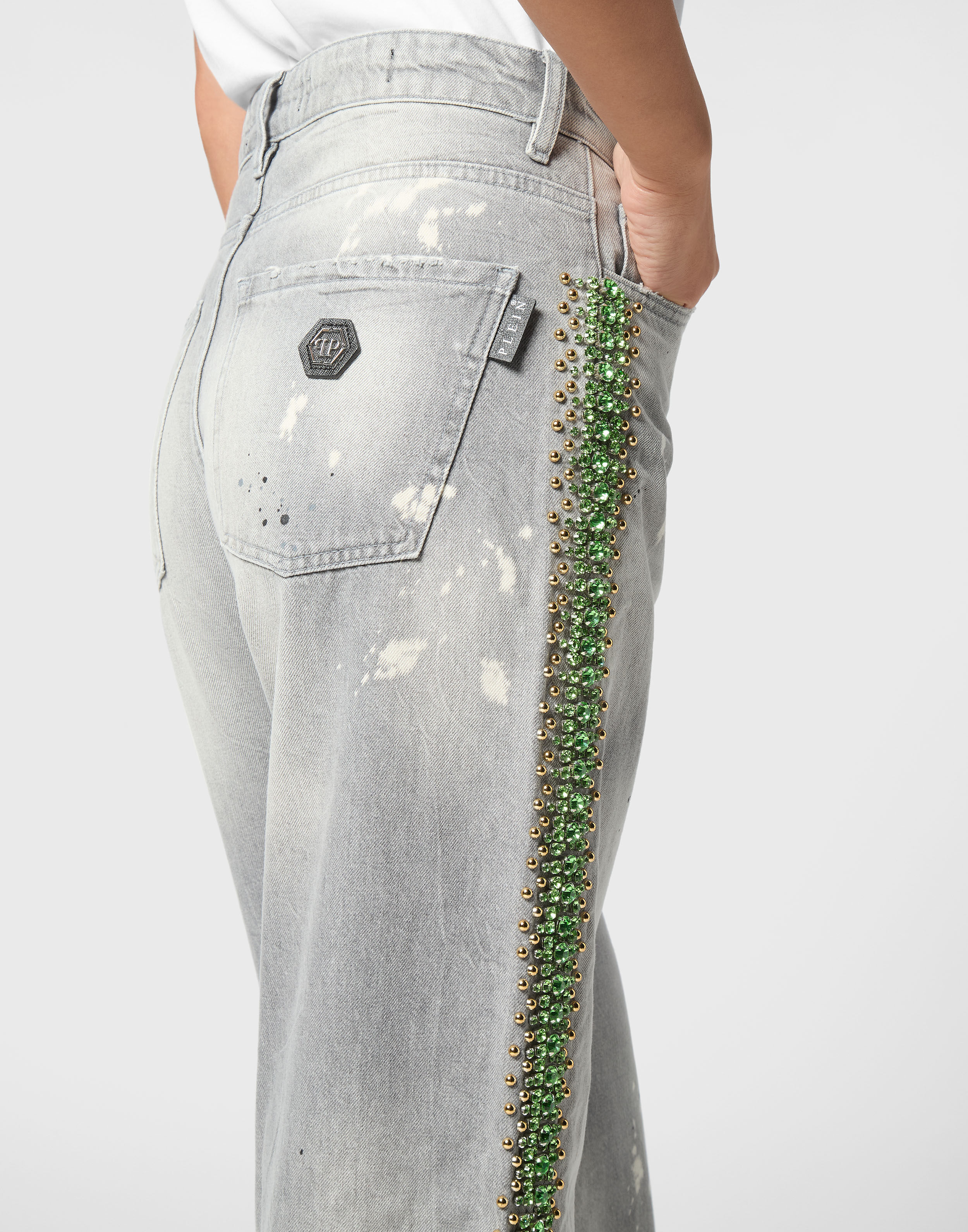 PHILPP PLEIN Denim Skater Fit Trousers Rib Strass