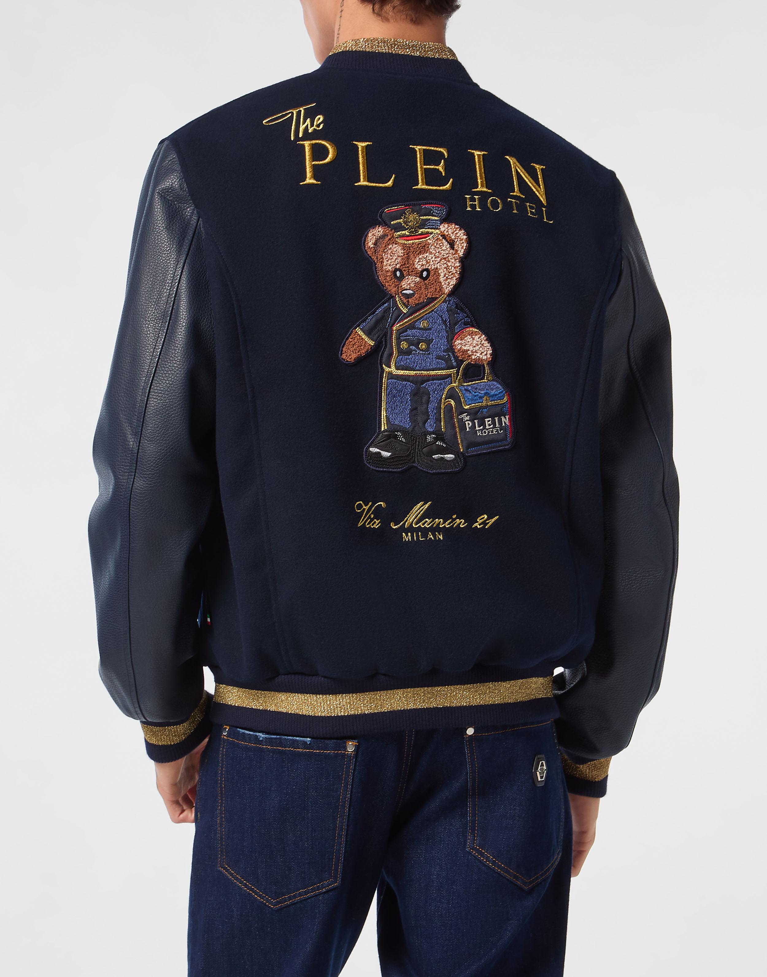 PHILPP PLEIN Leather and Wool Varsity Bomber Teddy Doorman