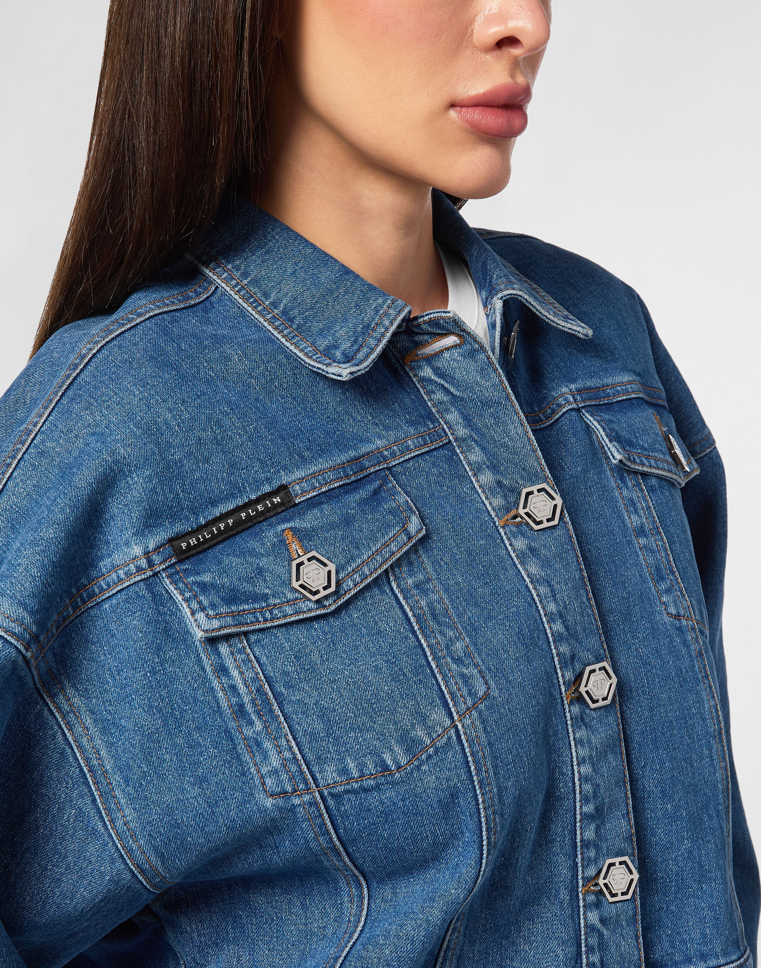 PHILPP PLEIN Denim Cropped Jacket Crystal Fringes