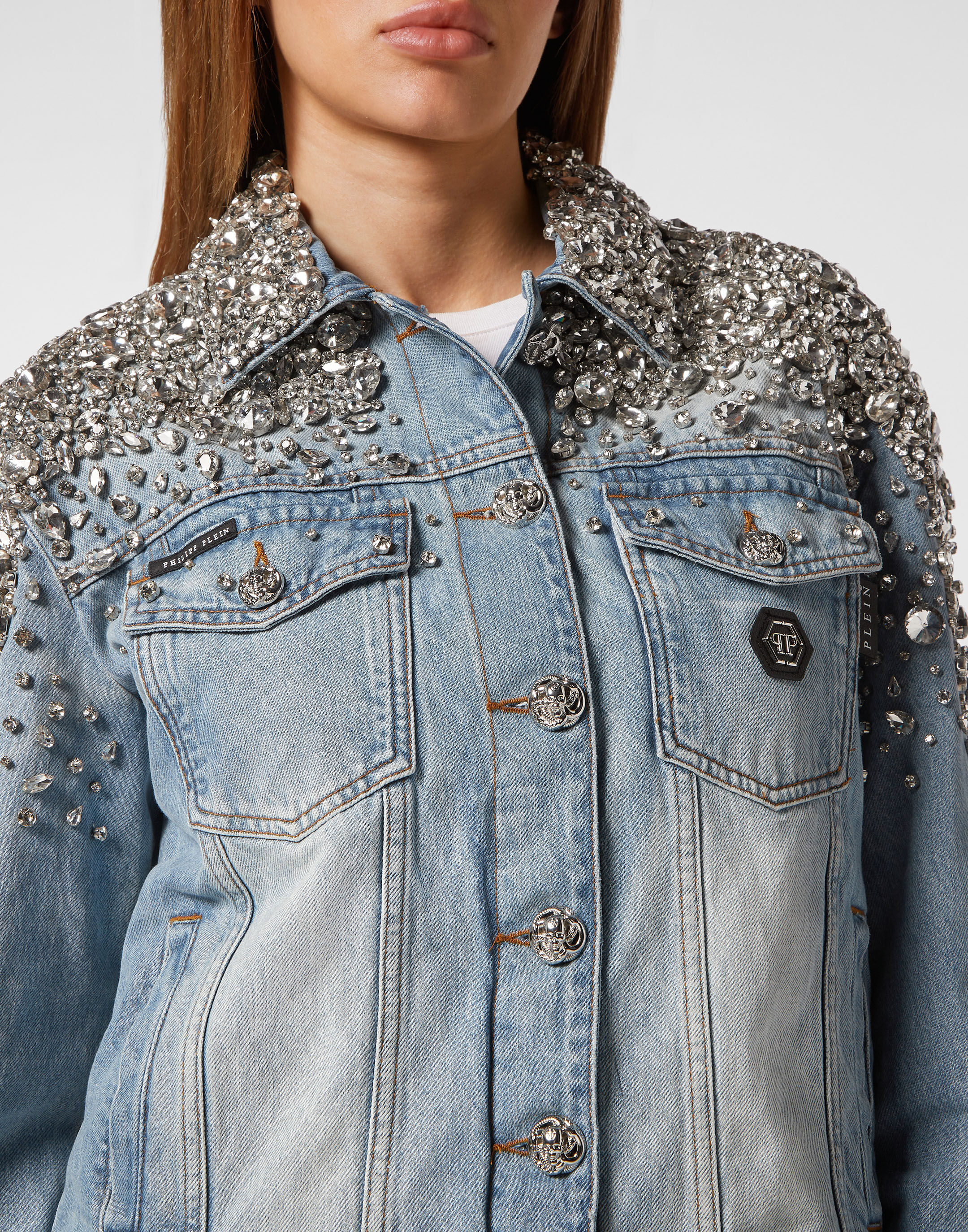 PHILPP PLEIN Crystal Stones  Denim Oversize Jacket with Stones