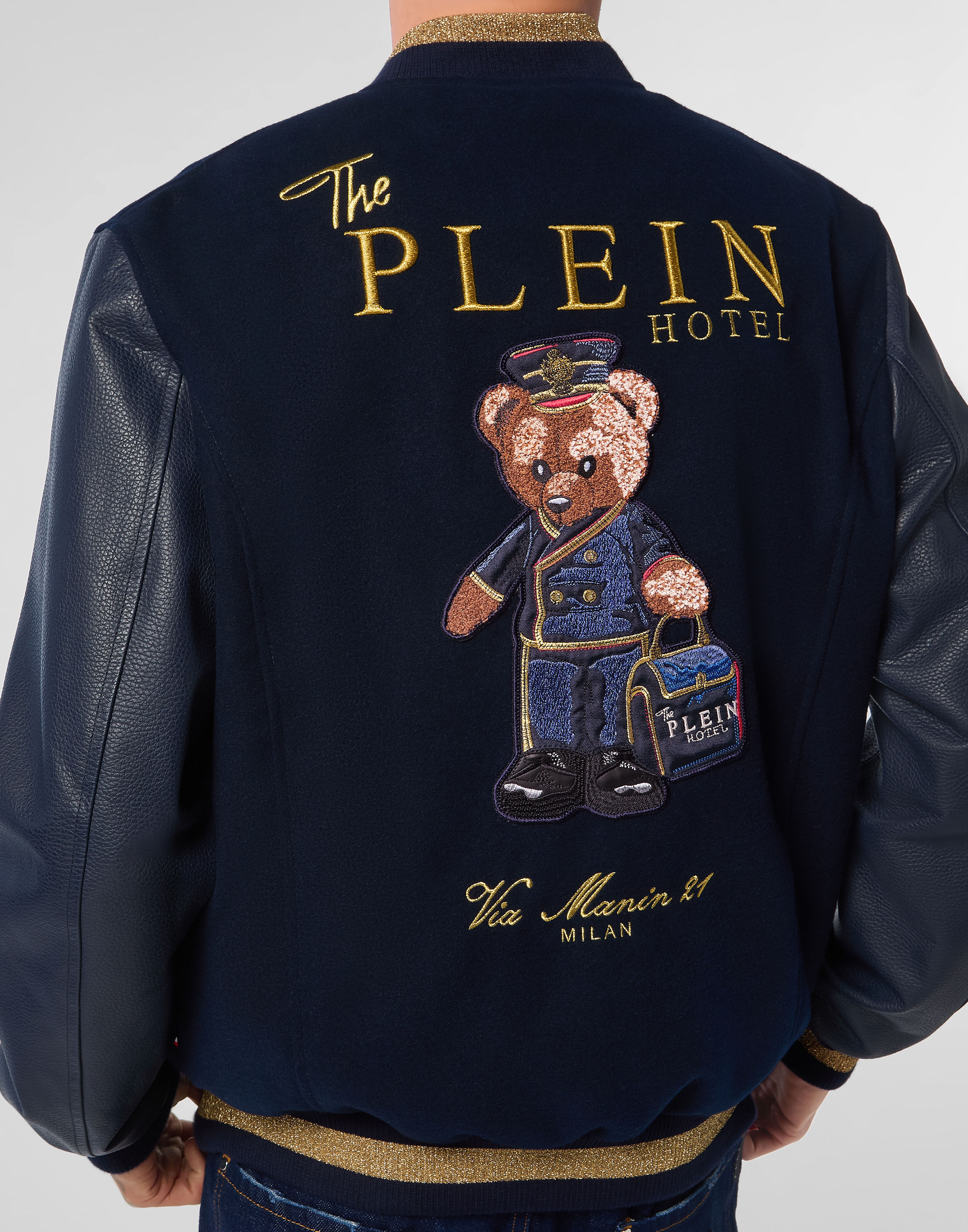 PHILPP PLEIN Leather and Wool Varsity Bomber Teddy Doorman