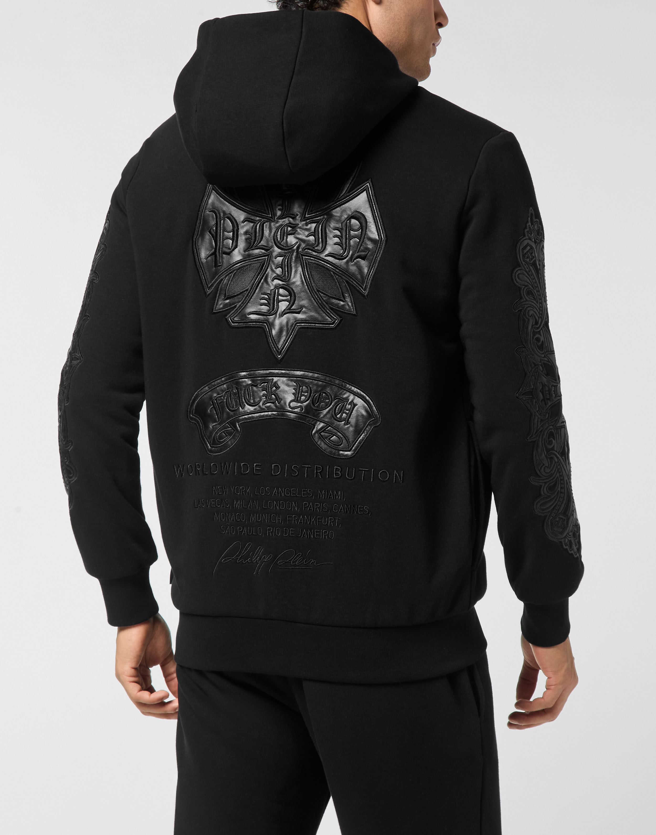 PHILPP PLEIN Zip Hoodie with Leather Inserts Chrome Crest