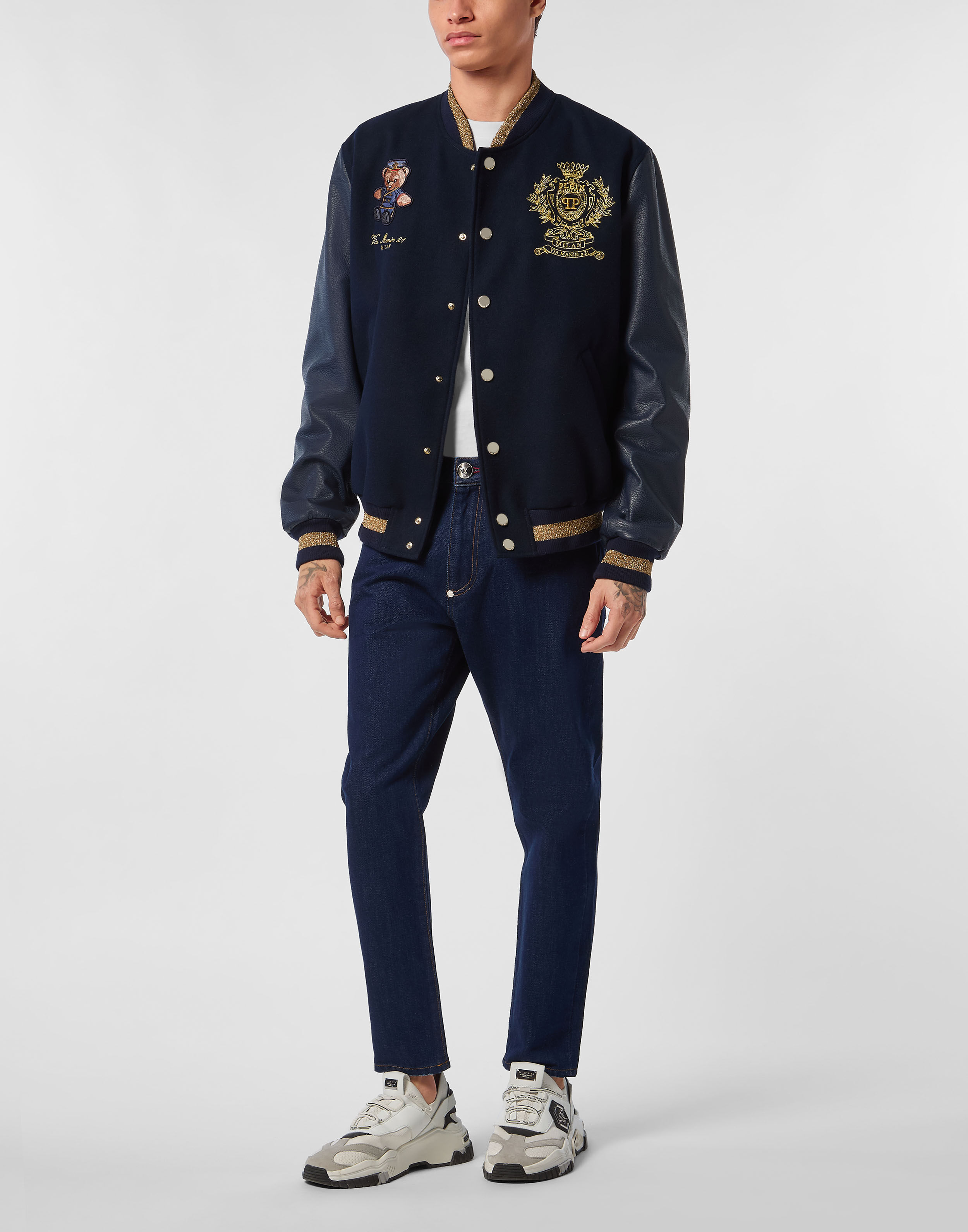 PHILPP PLEIN Leather and Wool Varsity Bomber Teddy Doorman