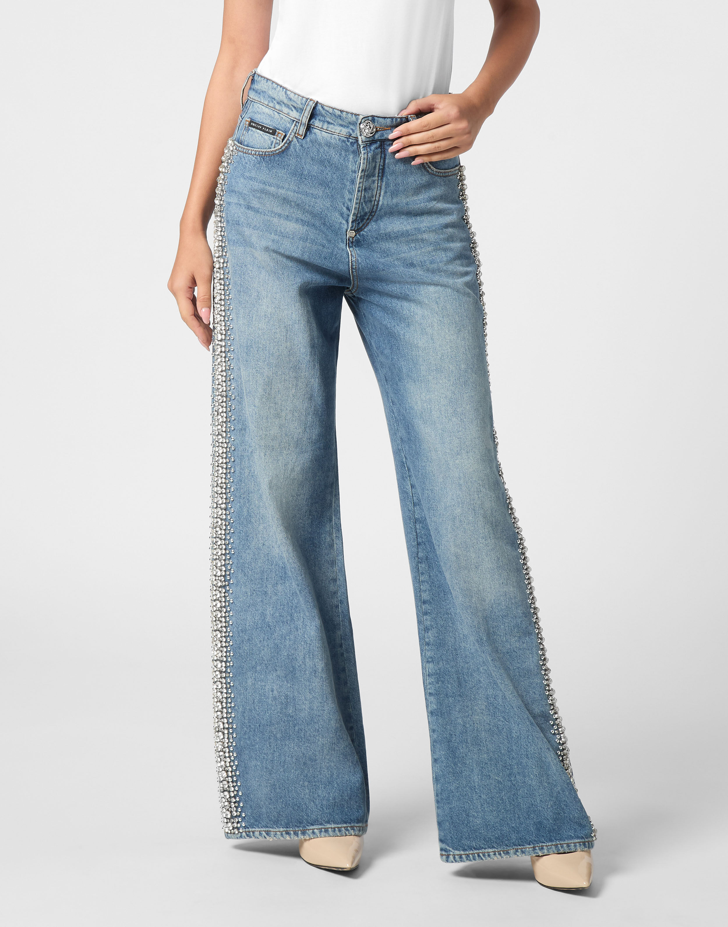 PHILPP PLEIN Denim Skater Fit Trousers Rib Strass