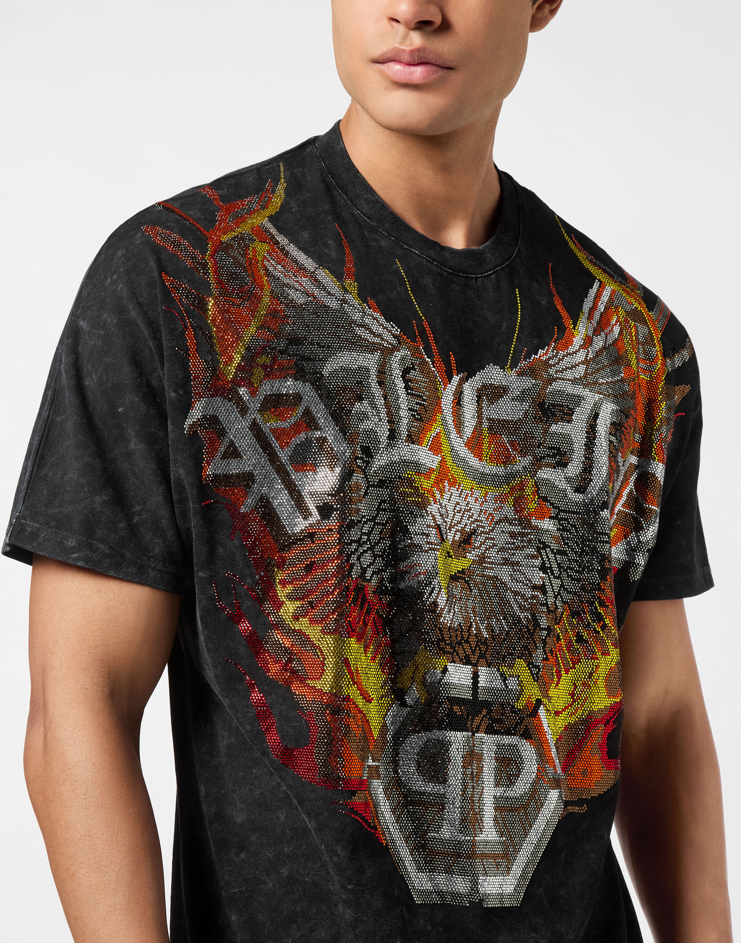 PHILPP PLEIN Washed Kimono Cut T-Shirt Eagle Crystal