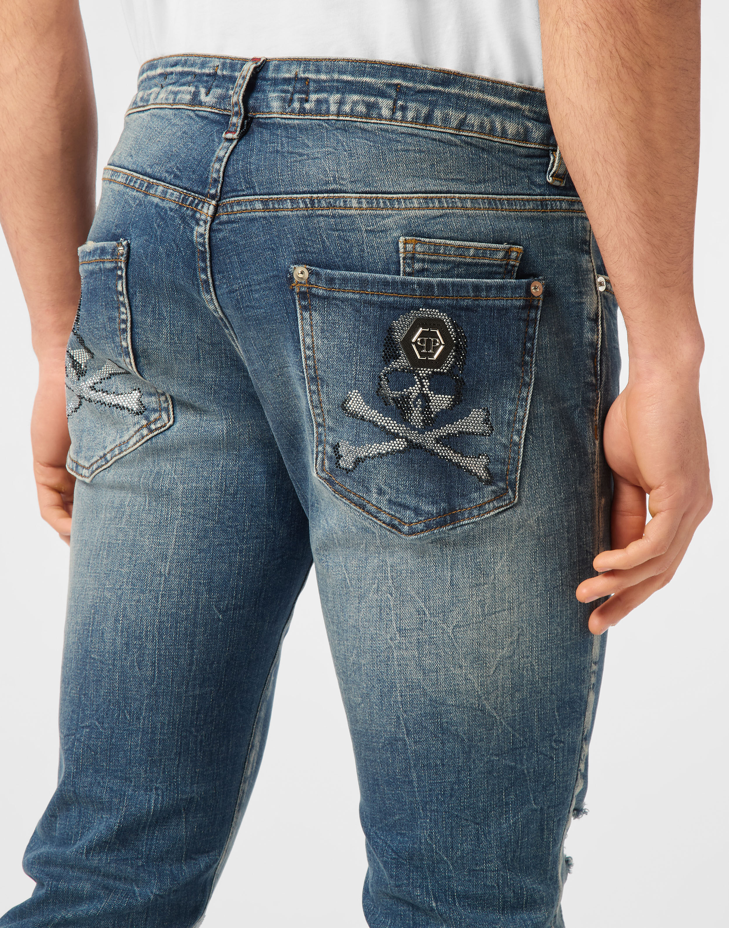 PHILPP PLEIN Denim Trousers Super Straight Cut Skulls