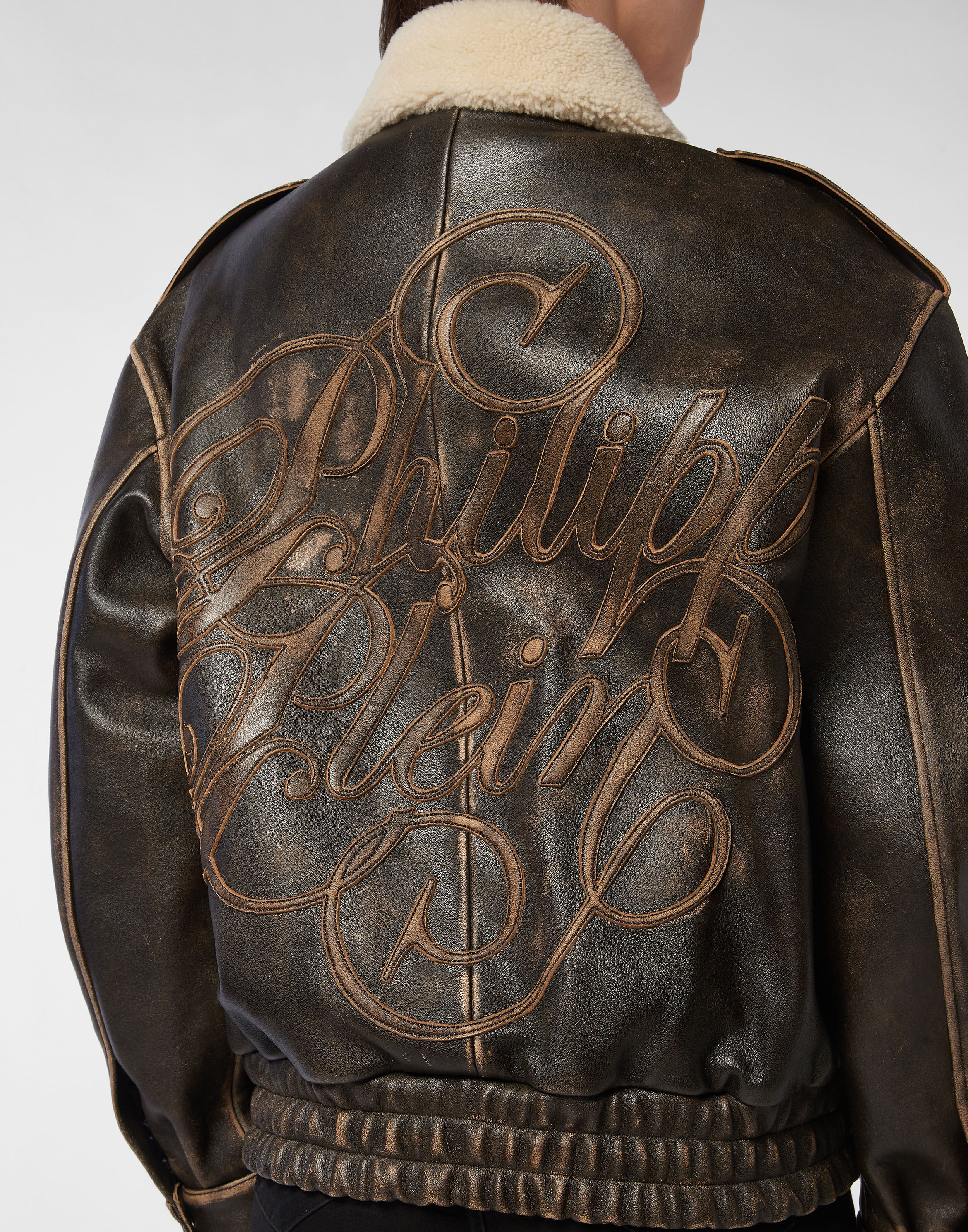 PHILPP PLEIN Leather Aviator Jacket With Shearling Collar Signature