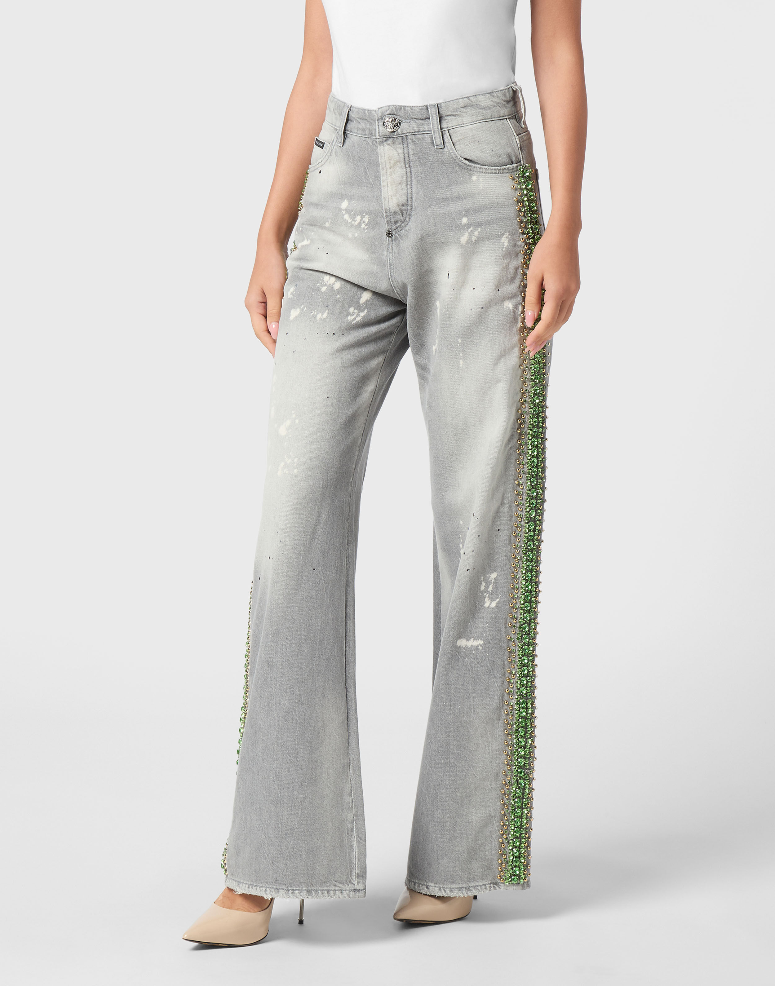 PHILPP PLEIN Denim Skater Fit Trousers Rib Strass