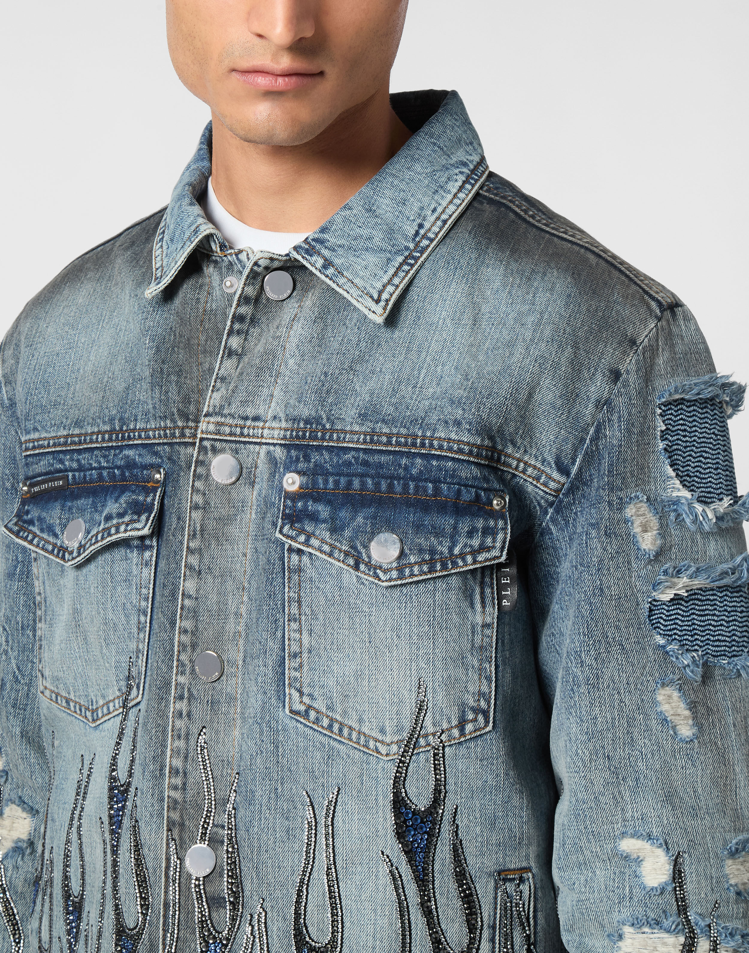 PHILPP PLEIN Denim Oversize Jacket LS Strass Flame