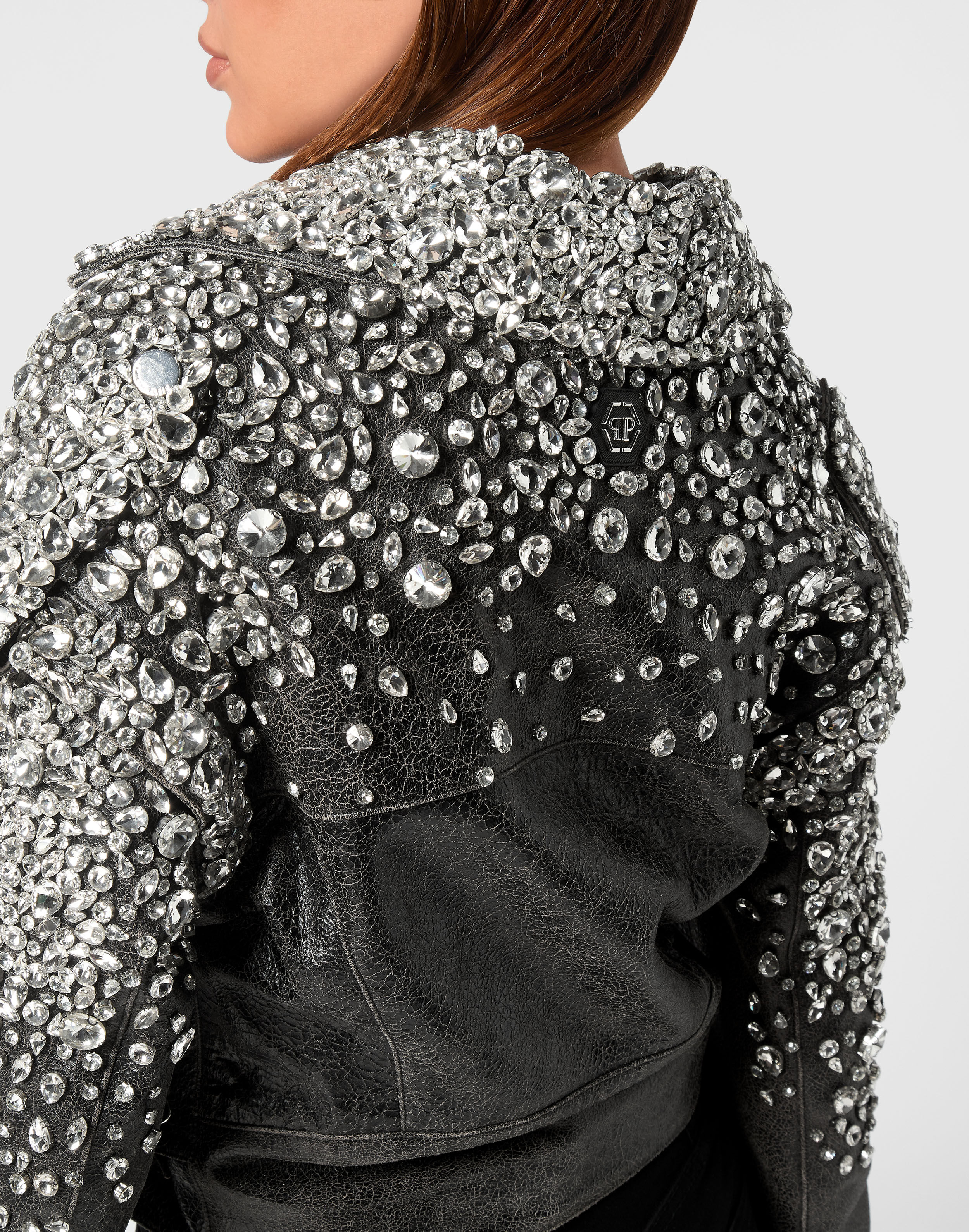 PHILPP PLEIN Leather Cropped Biker Jacket LS Strass