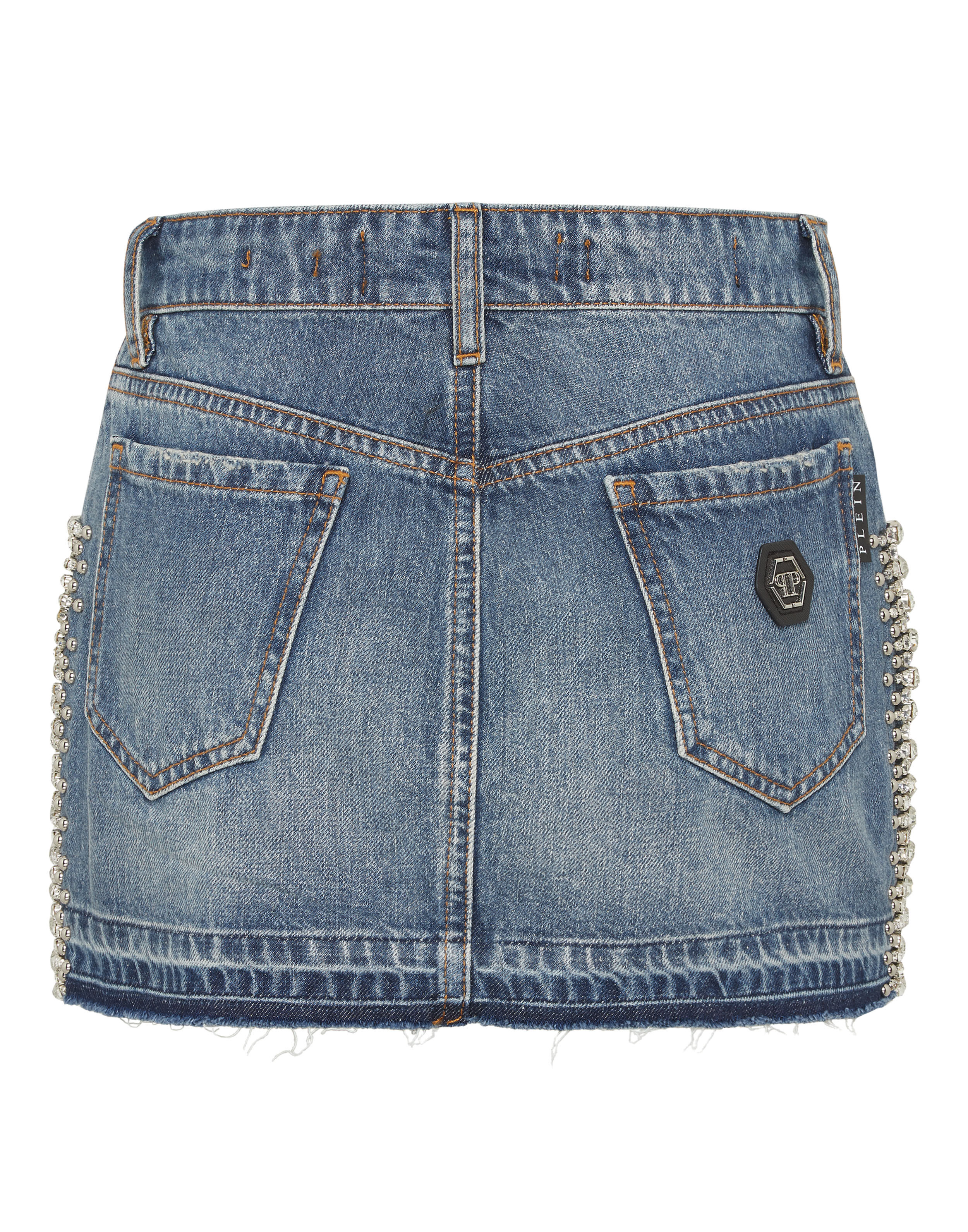 PHILPP PLEIN Denim Mini Skirt Rib Strass