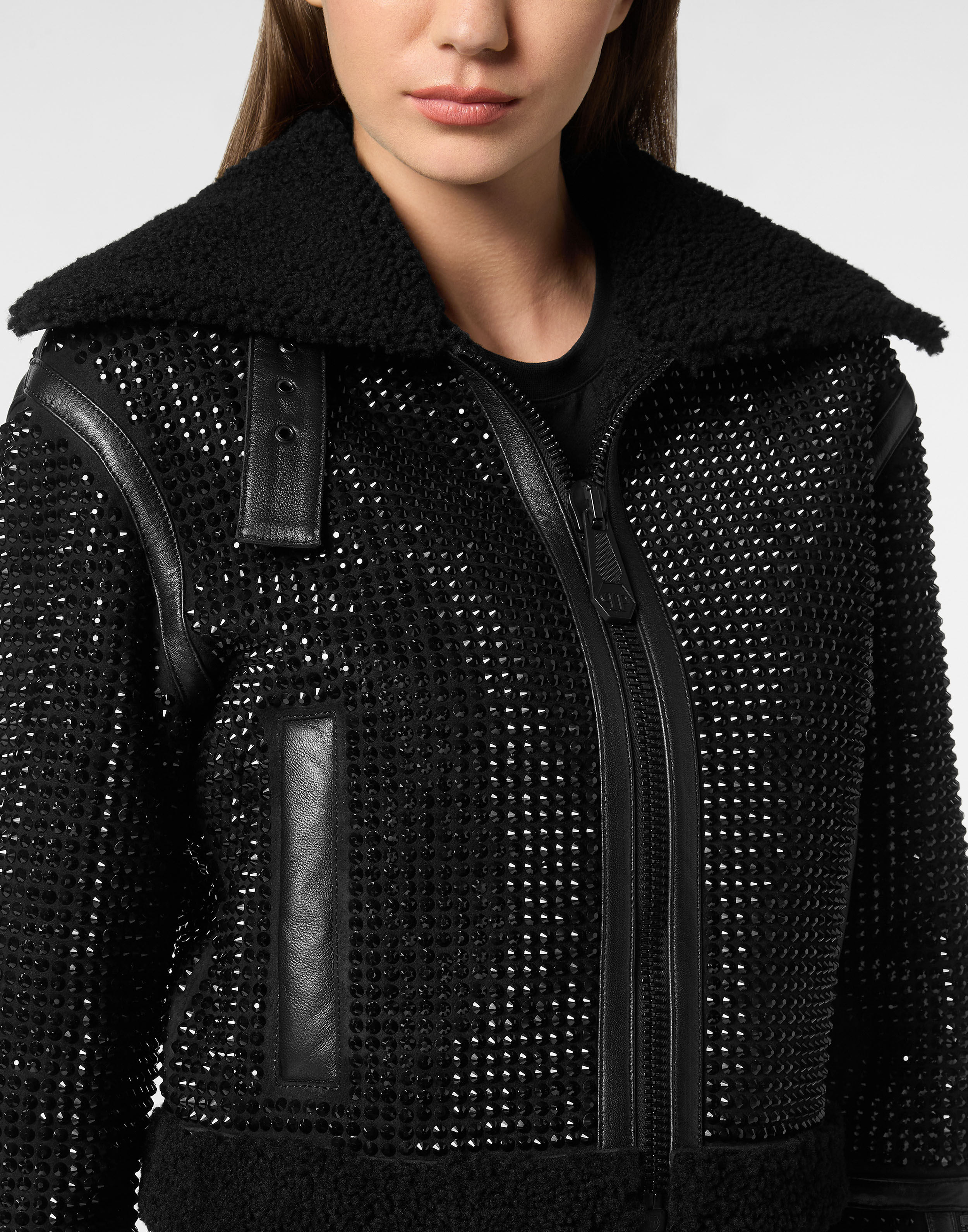 PHILPP PLEIN Crystal Shearling Cropped Jacket