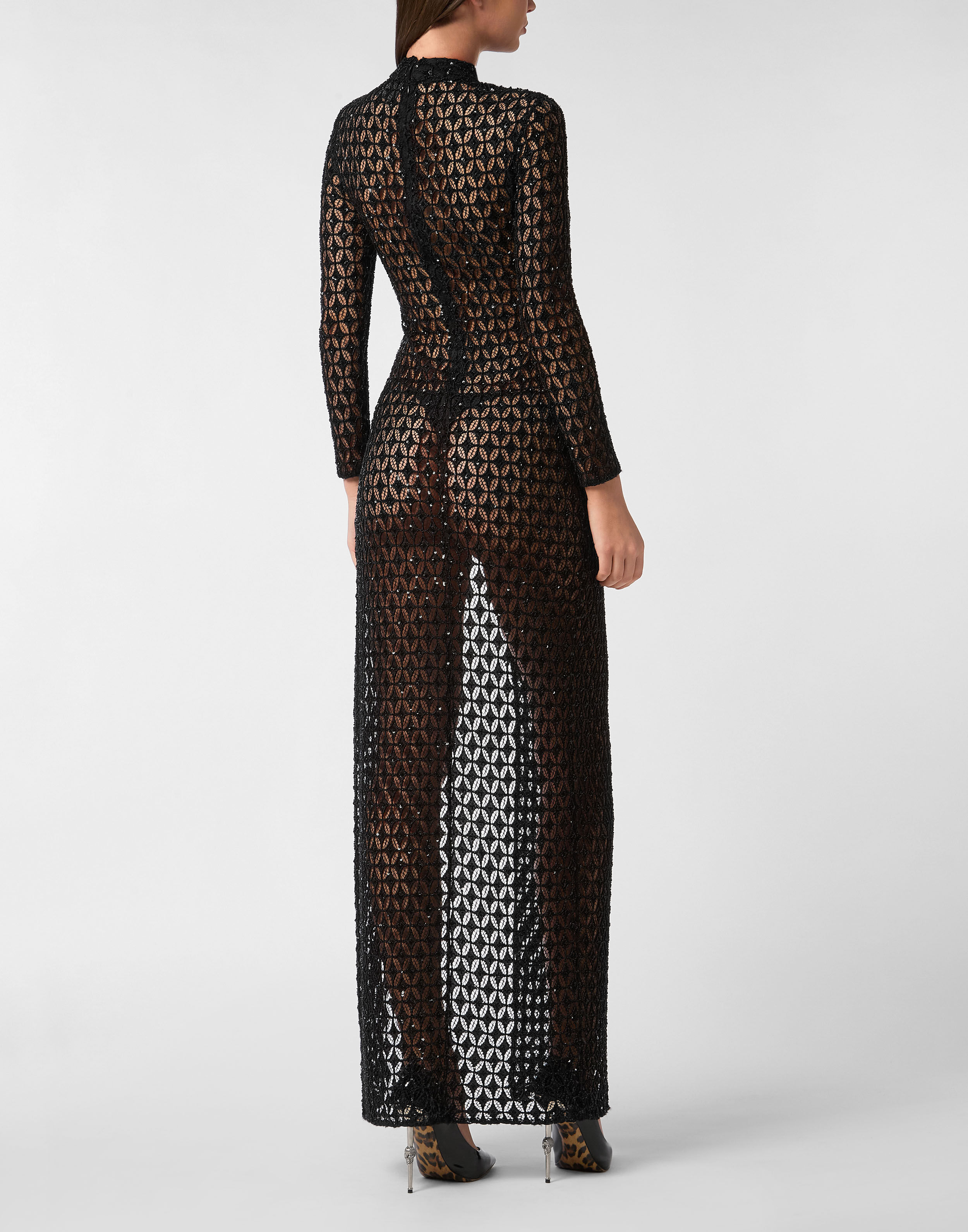 PHILPP PLEIN Embroidered Long Dress Crystal