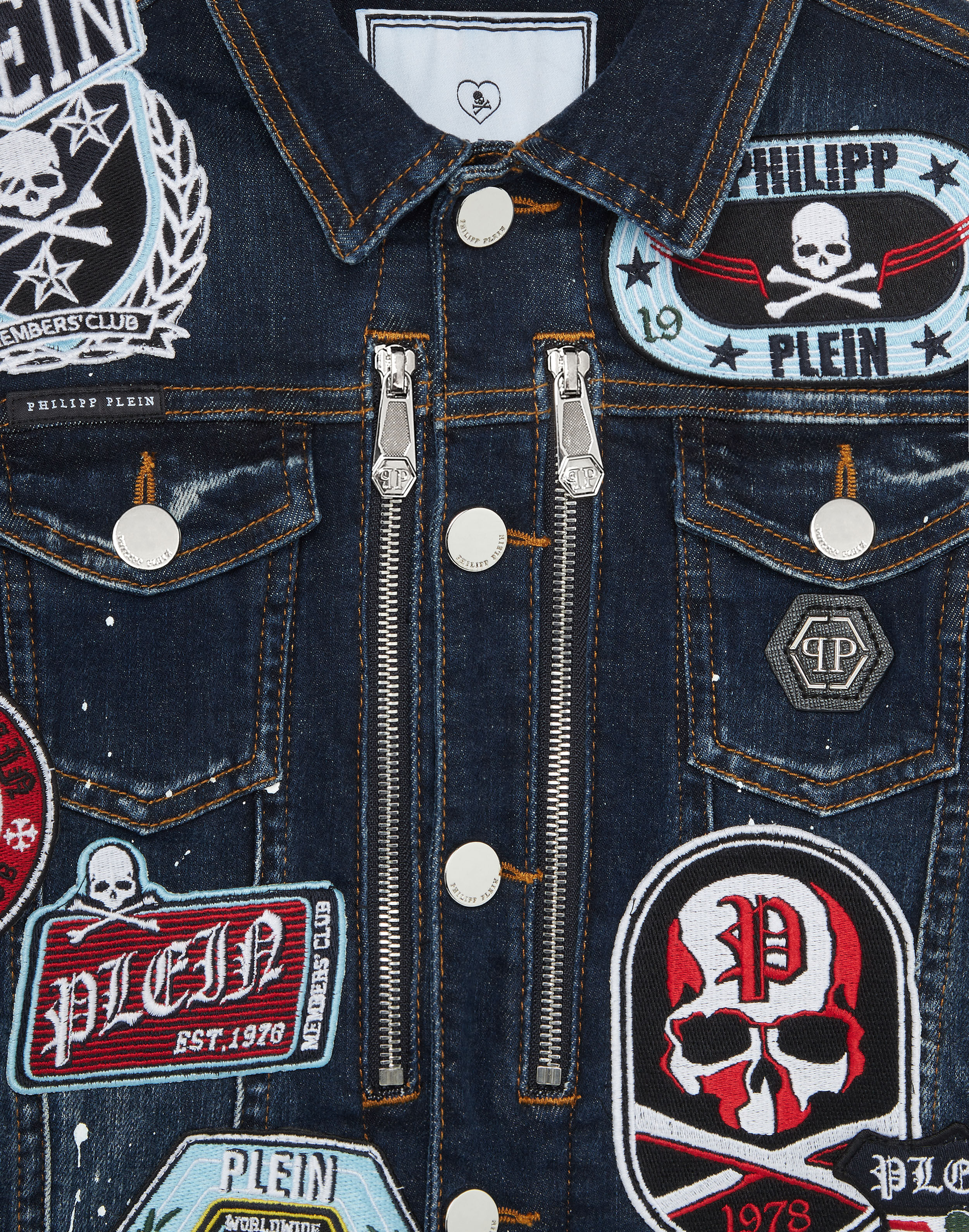 PHILPP PLEIN Denim Jacket Vintage Effect Patches
