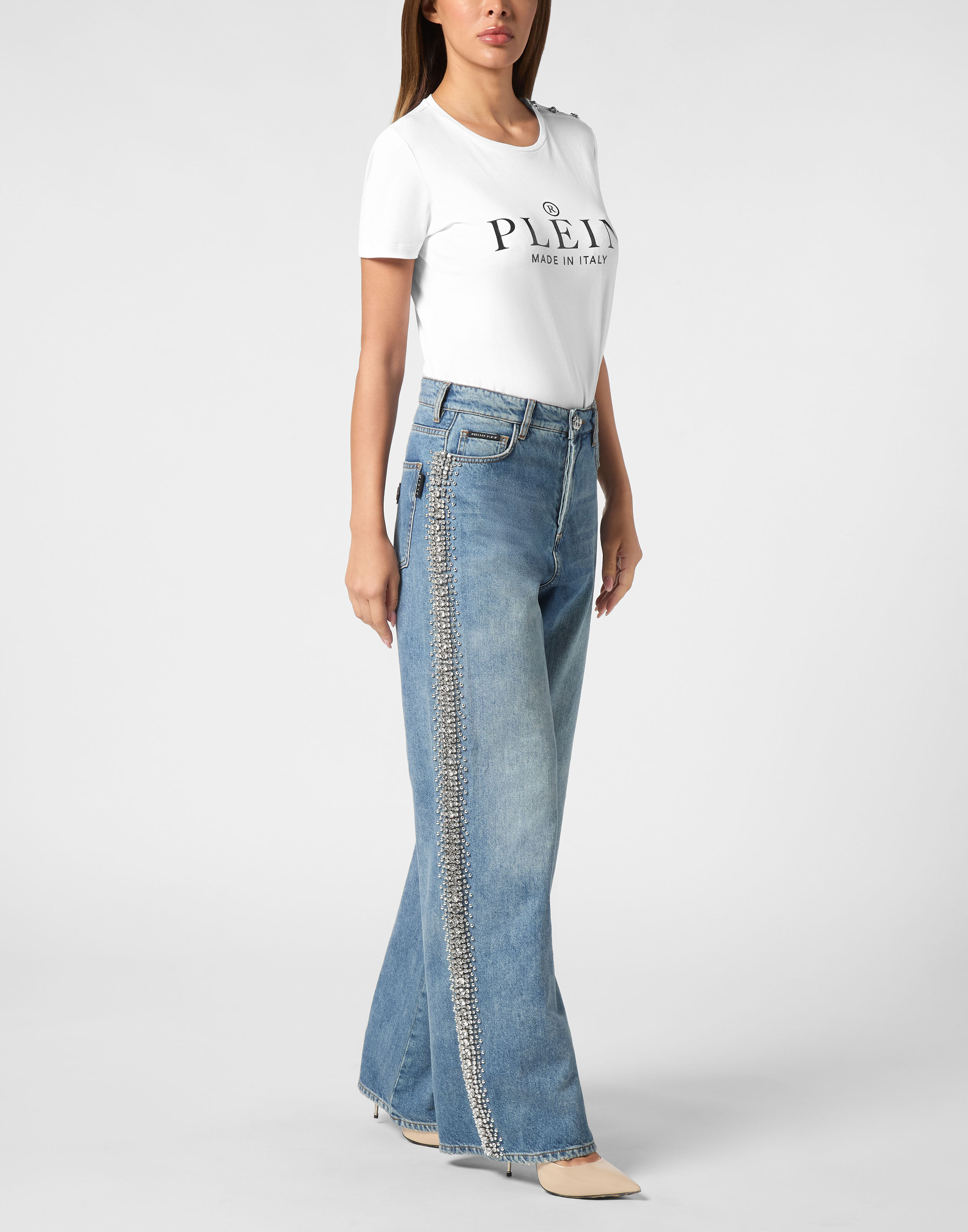 PHILPP PLEIN Denim Skater Fit Trousers Rib Strass