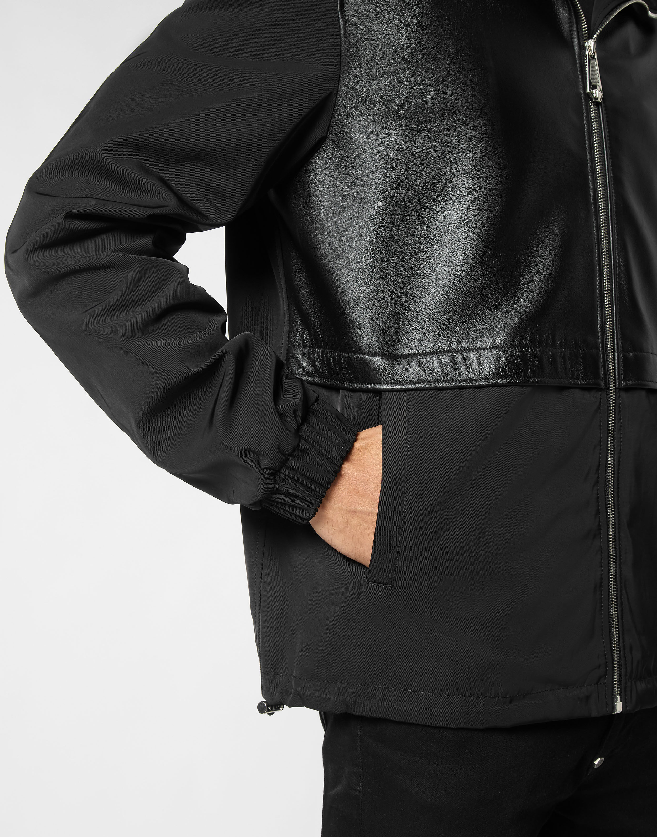 PHILPP PLEIN Nylon/Leather Hooded Jacket LS