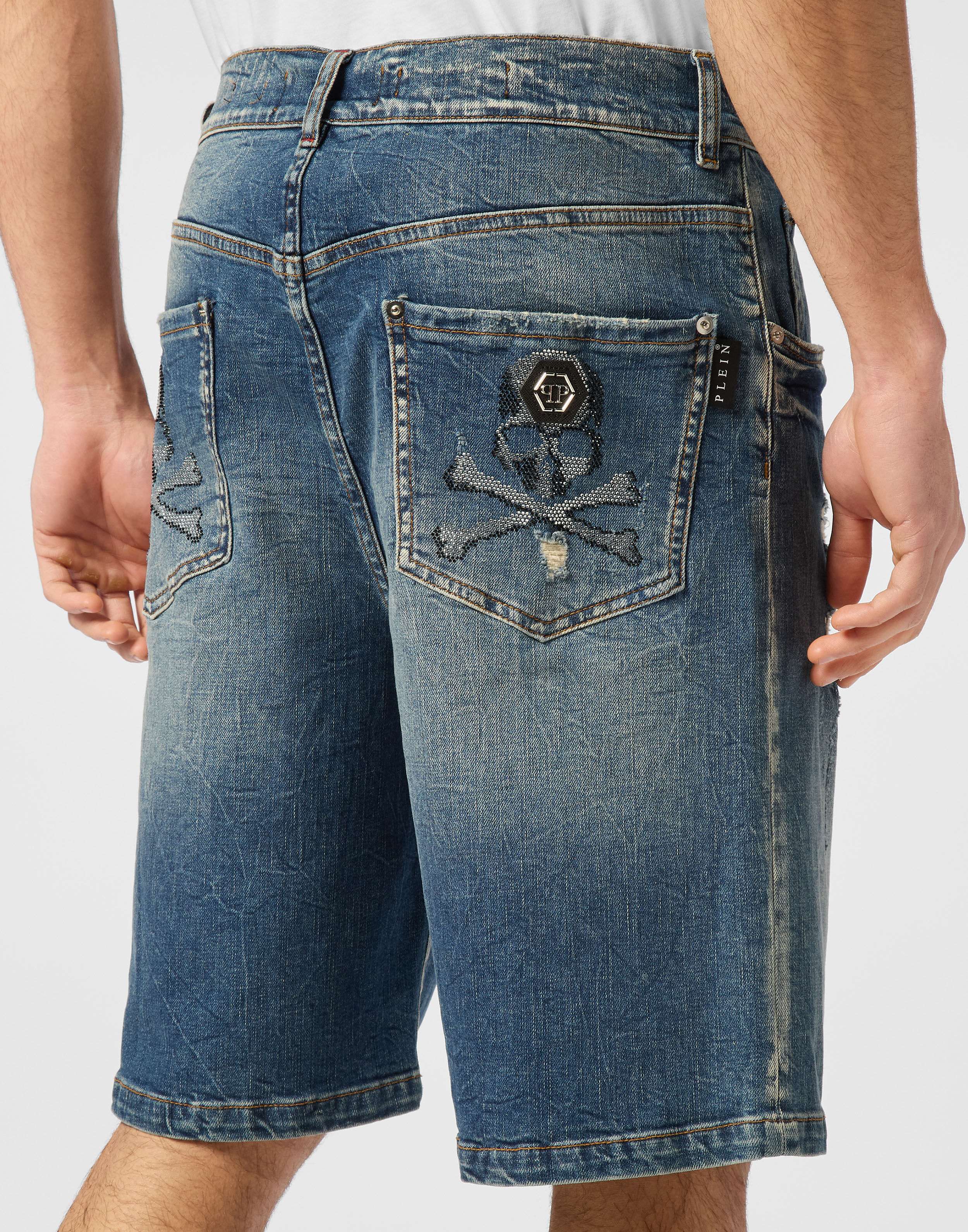 PHILPP PLEIN Denim Shorts Formentera Skull