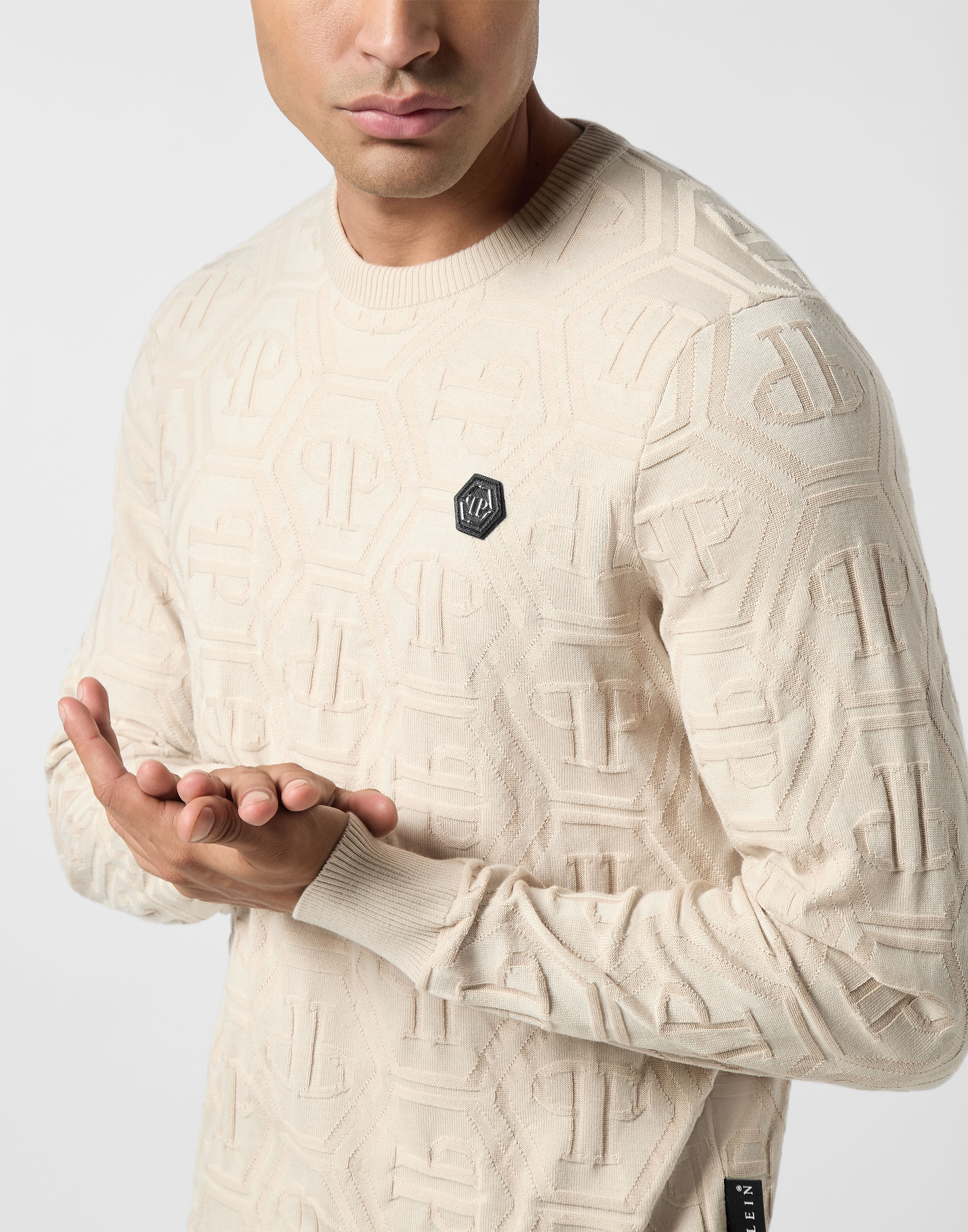 PHILPP PLEIN Jacquard Silk Wool Pullover Round Neck LS Monogram