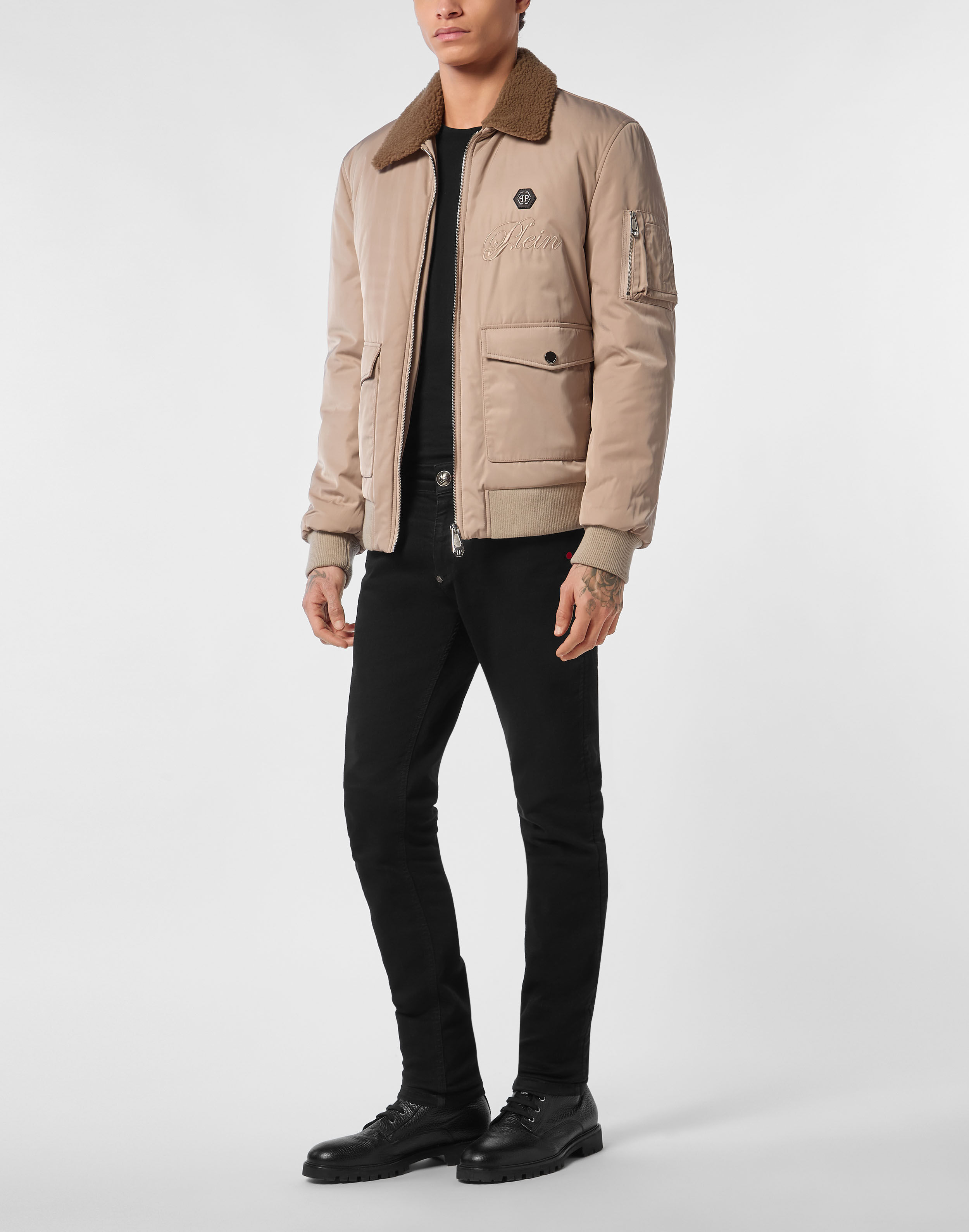 PHILPP PLEIN Nylon Aviator Jacket with Shearling Collar