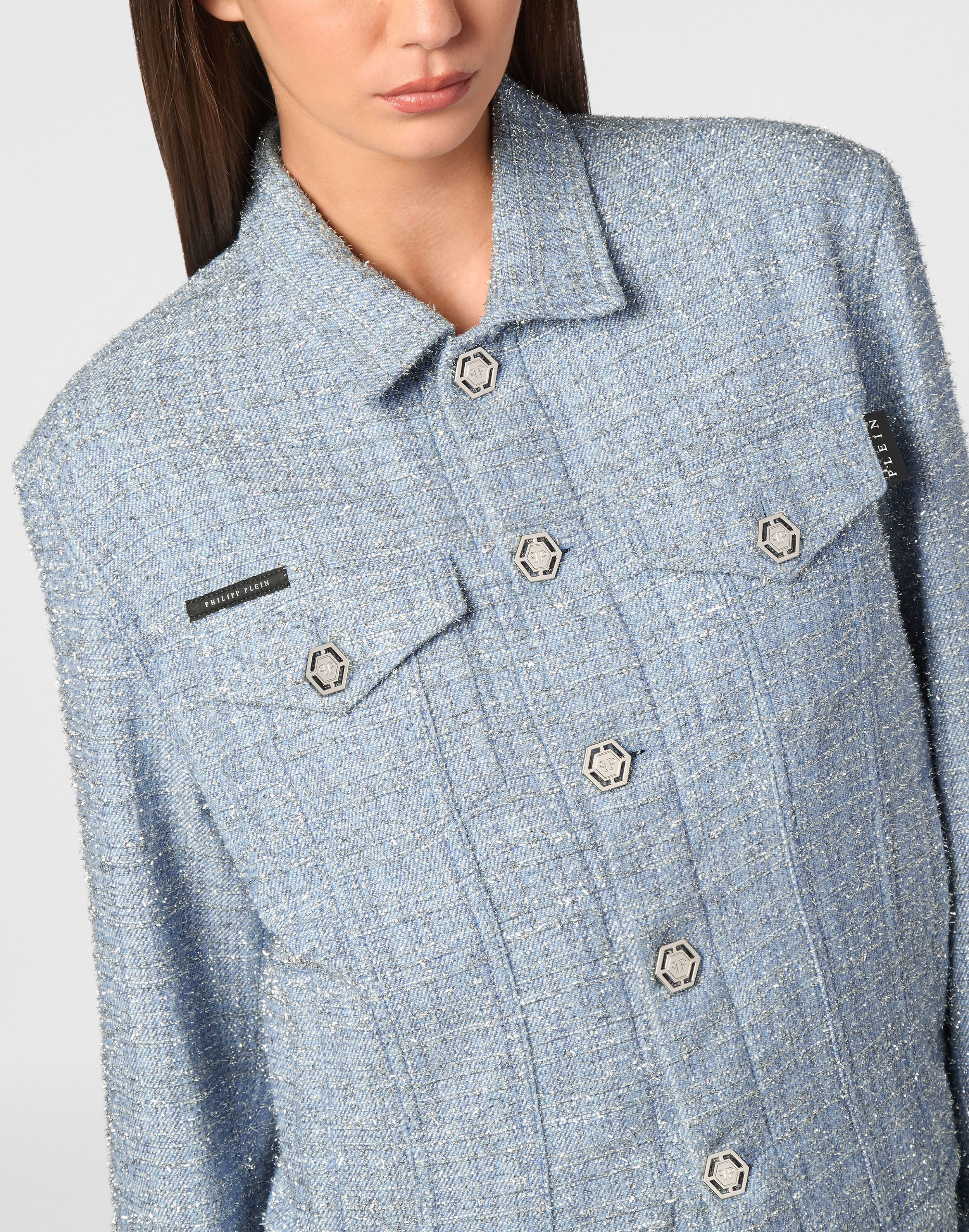 PHILPP PLEIN Tweed Denim Cropped Jacket