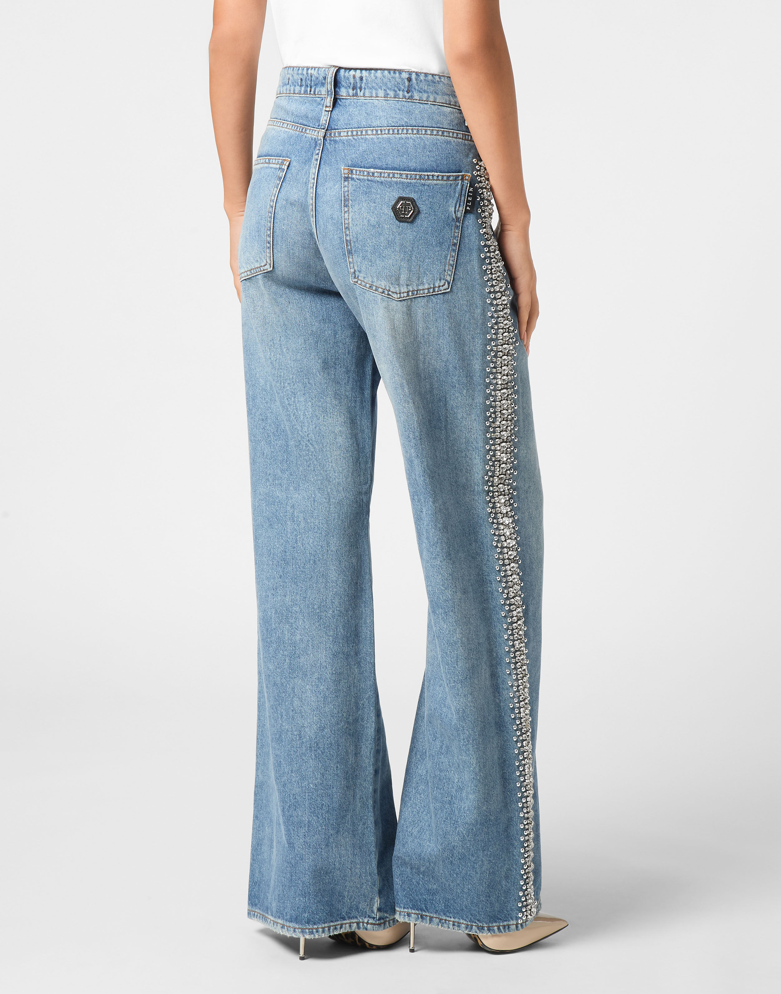 PHILPP PLEIN Denim Skater Fit Trousers Rib Strass