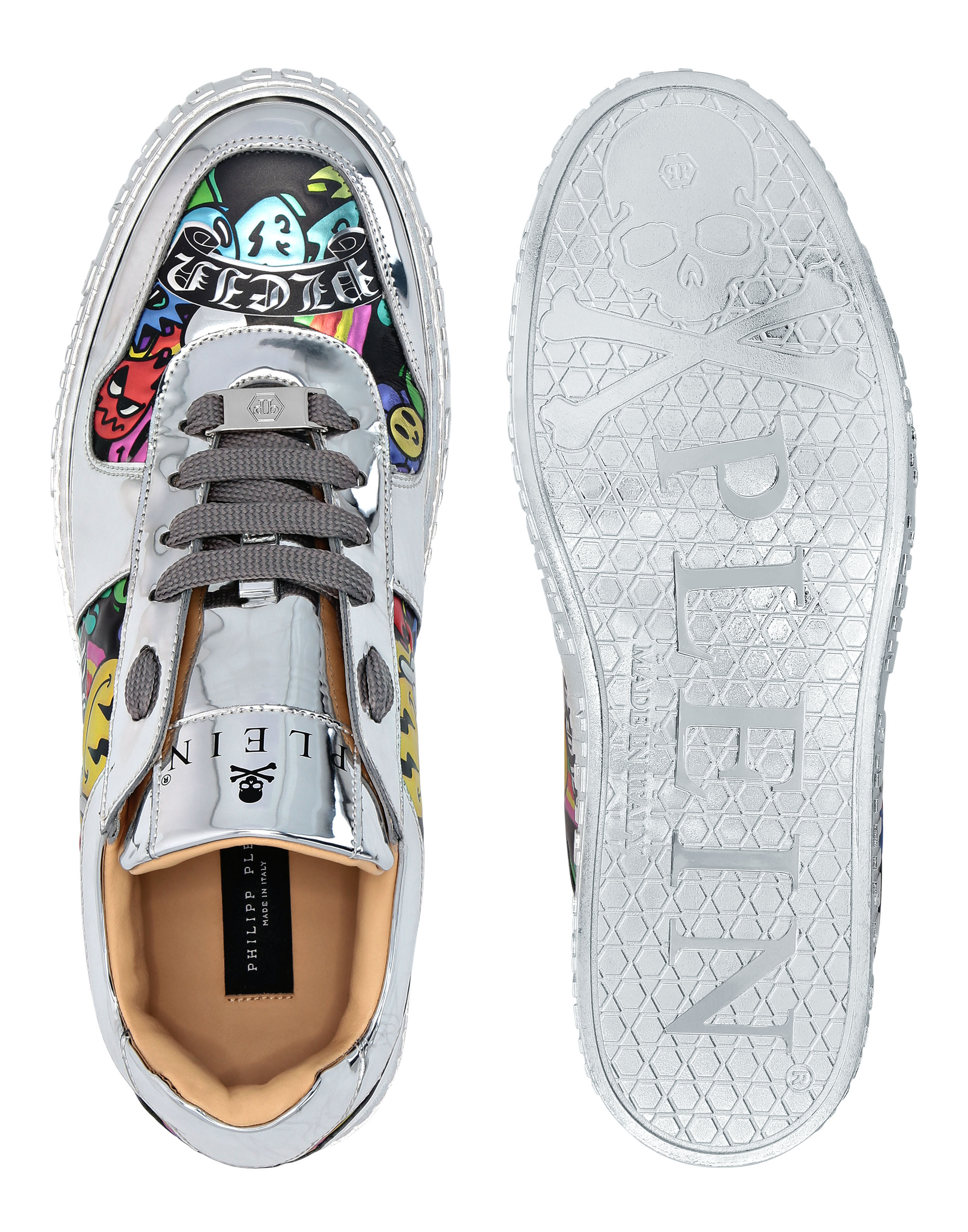PHILPP PLEIN Mirror Leather Lo-Top Sneakers Smile