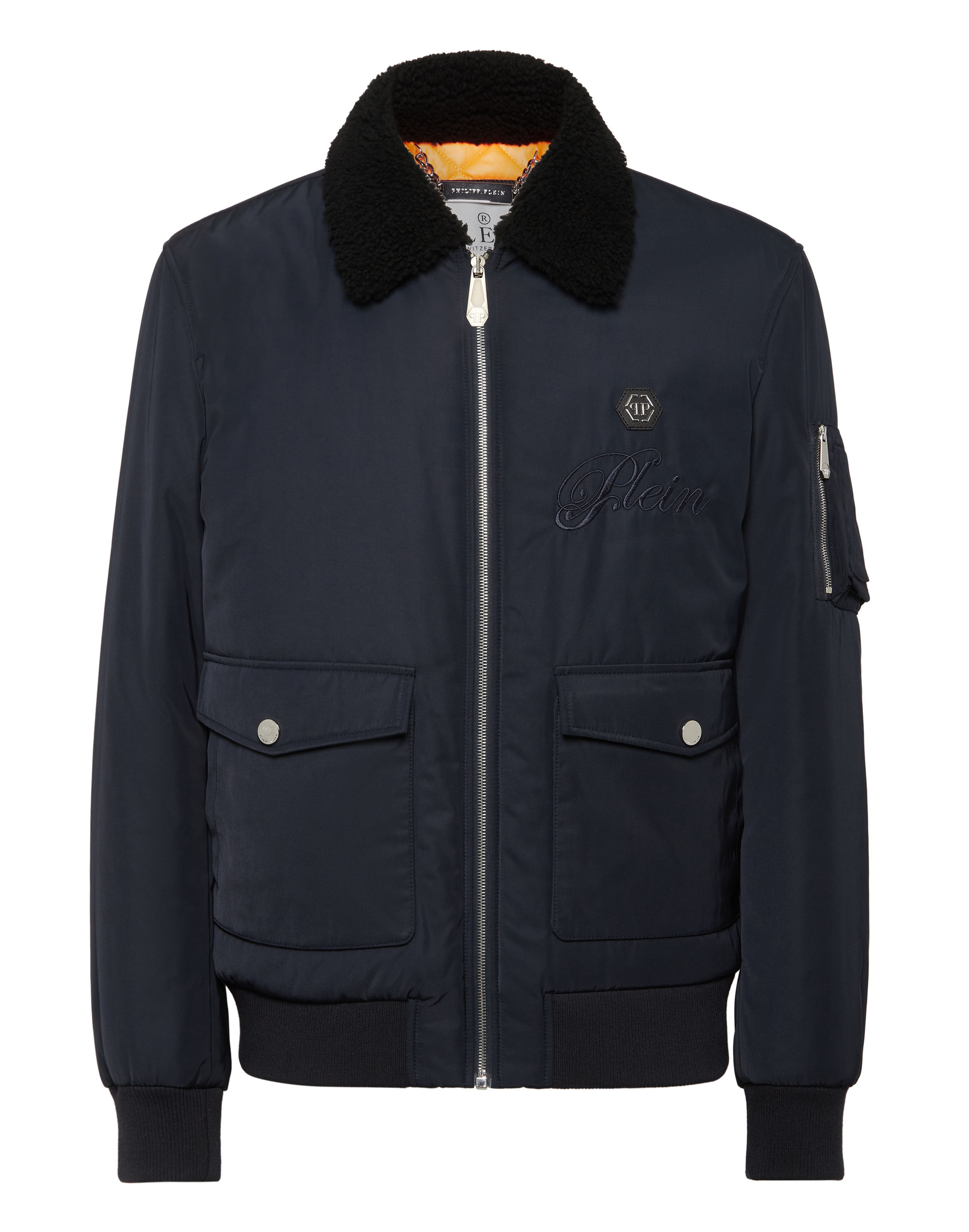 PHILPP PLEIN Nylon Aviator Jacket with Shearling Collar