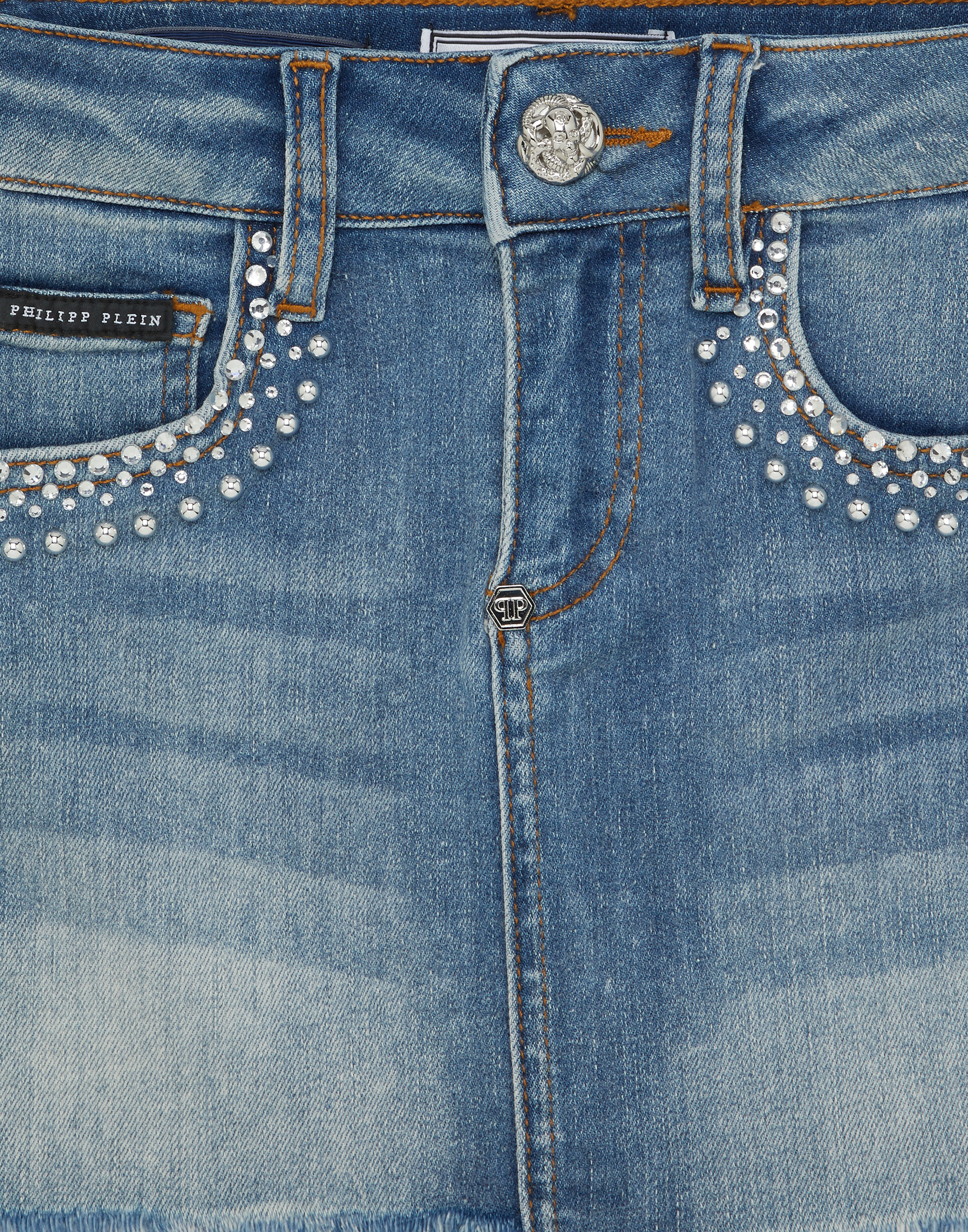PHILPP PLEIN Denim Mini Skirt Rib Strass