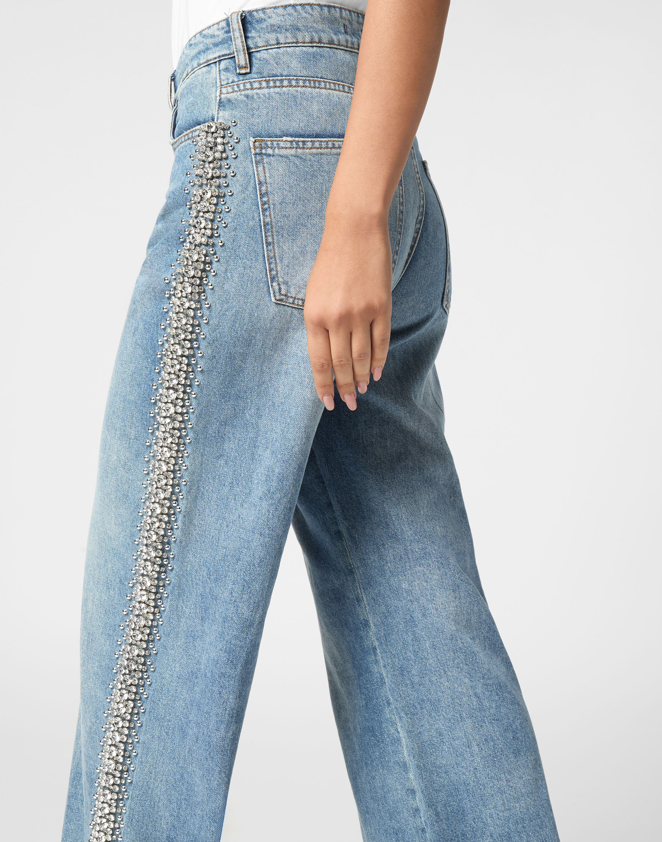 PHILPP PLEIN Denim Skater Fit Trousers Rib Strass