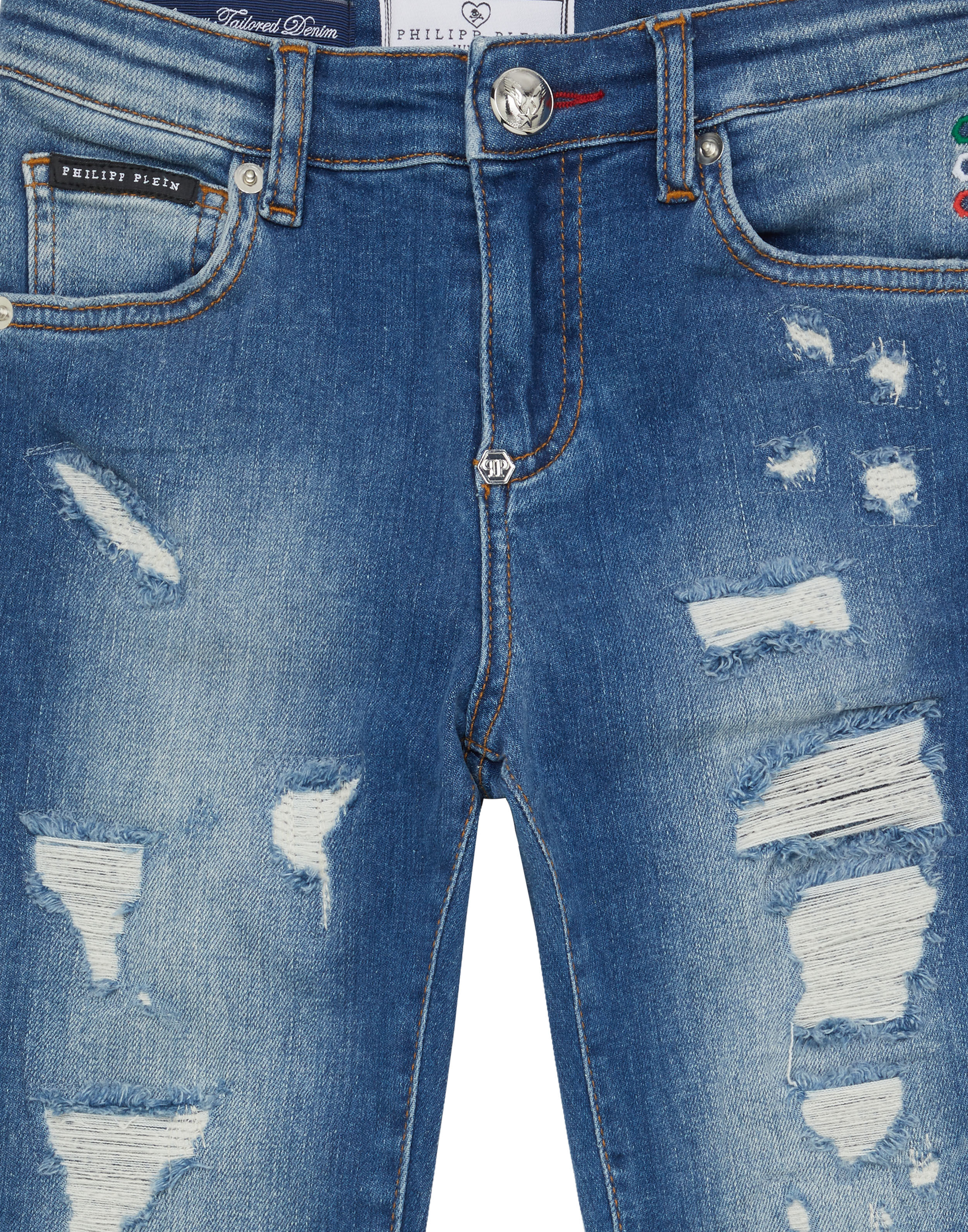 PHILPP PLEIN Denim Super Straight Cut Trousers Cars Racing