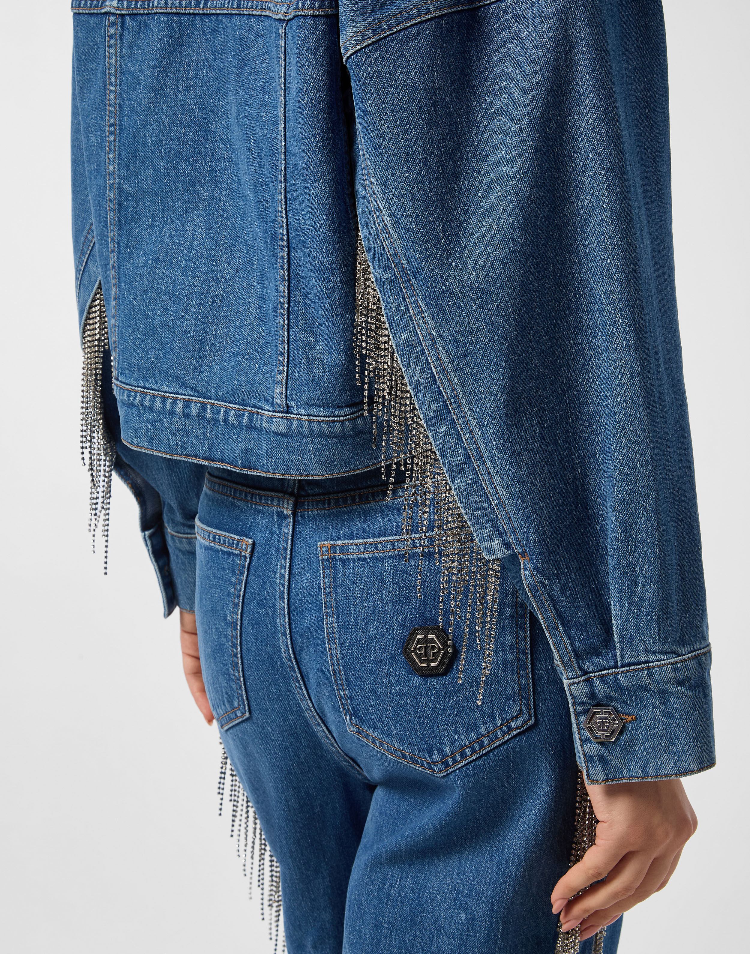 PHILPP PLEIN Denim Cropped Jacket Crystal Fringes