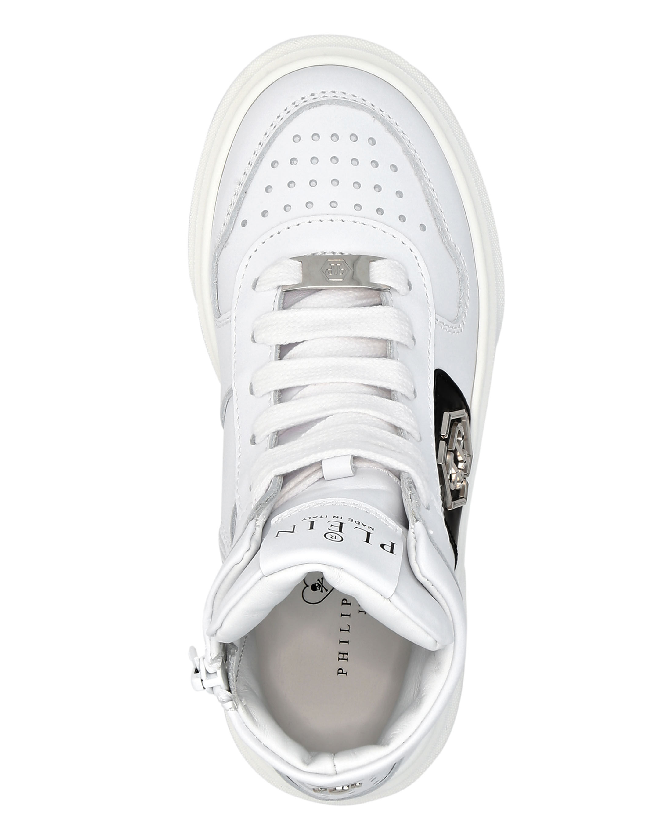 PHILPP PLEIN LEATHER HI-TOP SNEAKERS HEXAGON AND LIMITED EDITION PRINT