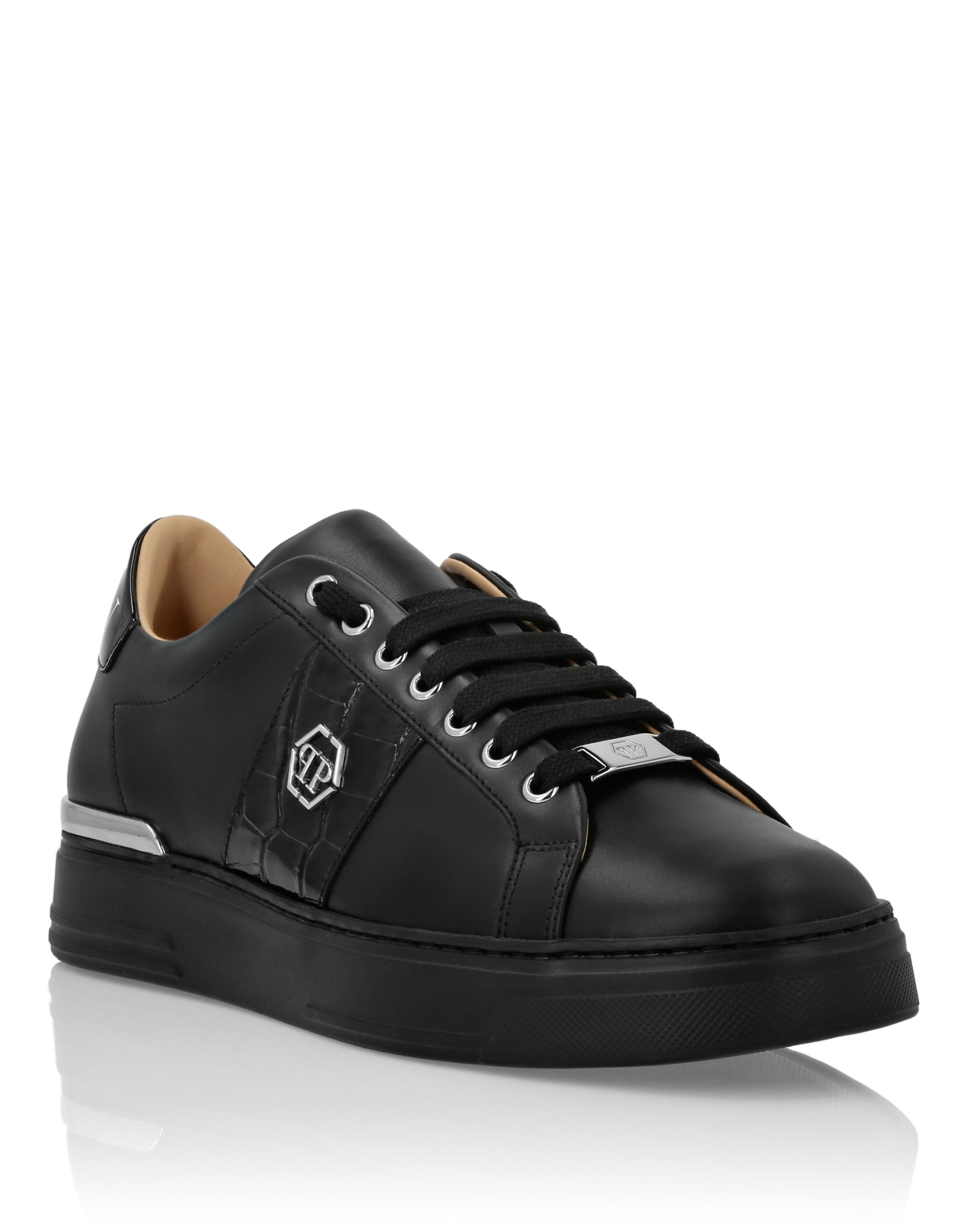 PHILPP PLEIN Mix Leather Lo-Top Sneakers Hexagon