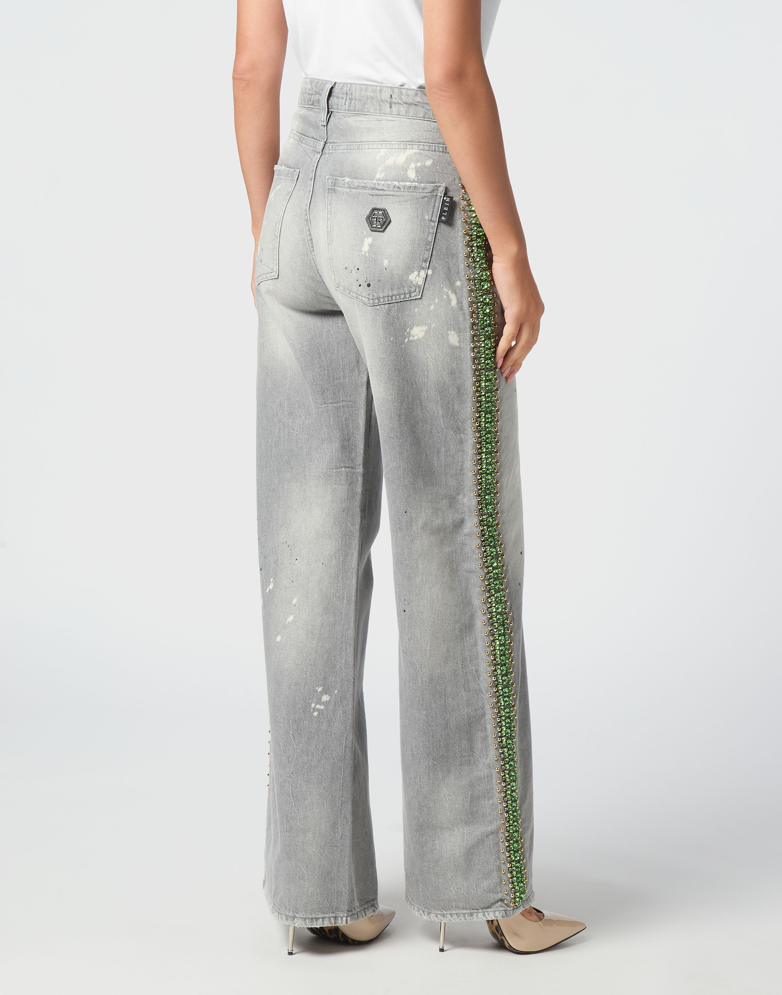 PHILPP PLEIN Denim Skater Fit Trousers Rib Strass