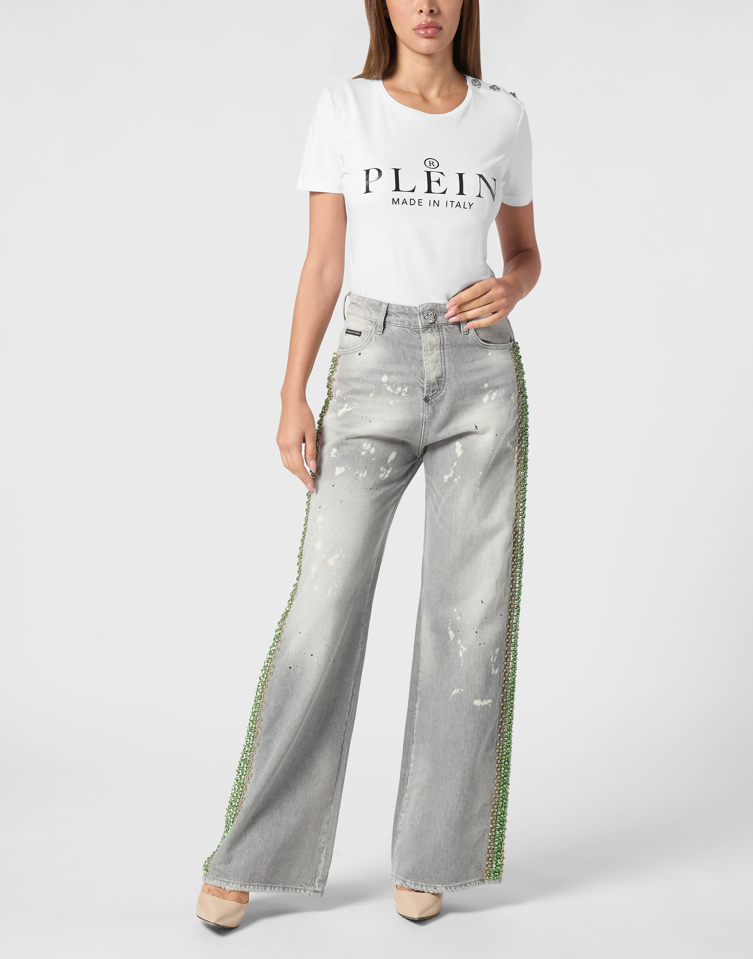 PHILPP PLEIN Denim Skater Fit Trousers Rib Strass