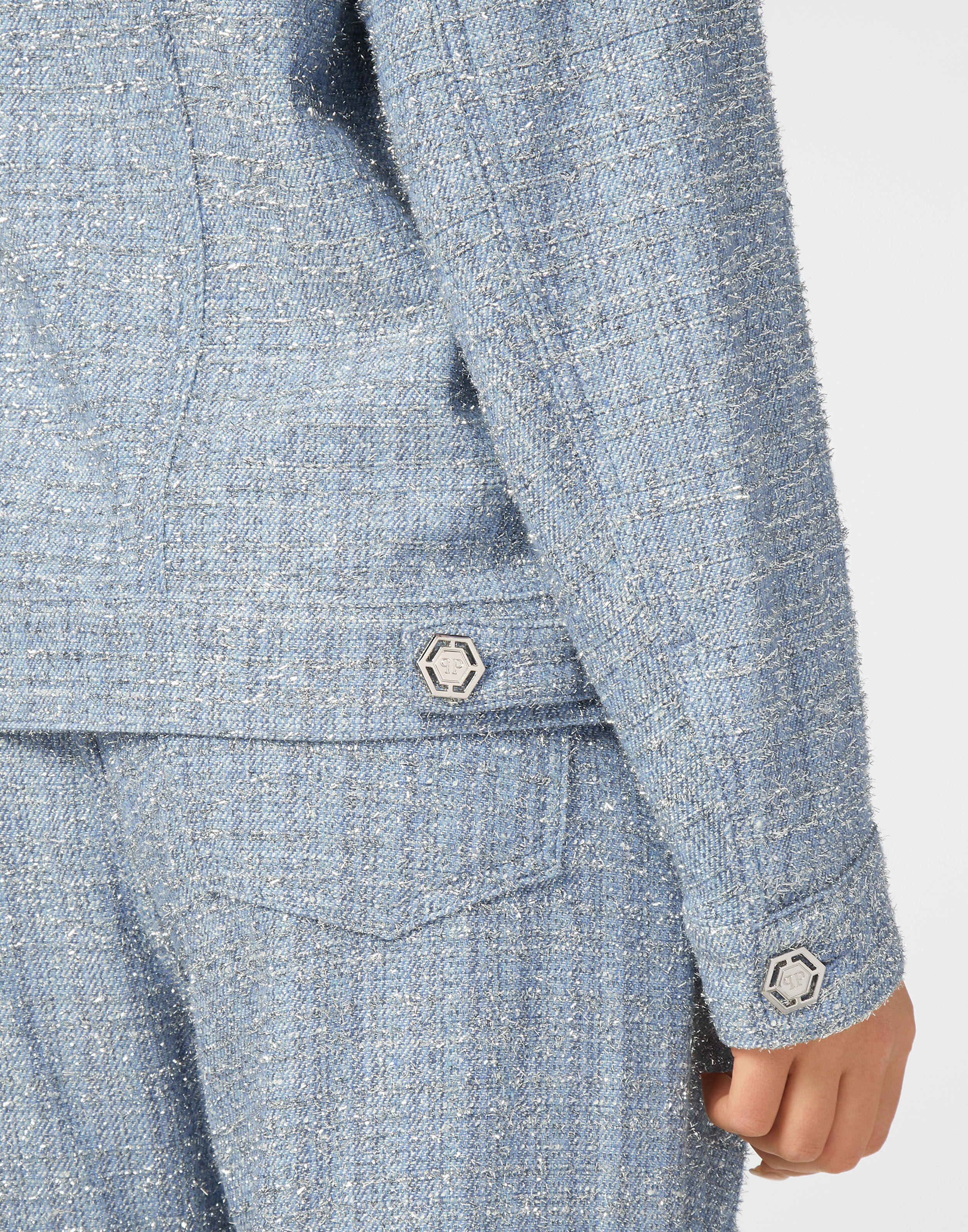PHILPP PLEIN Tweed Denim Cropped Jacket