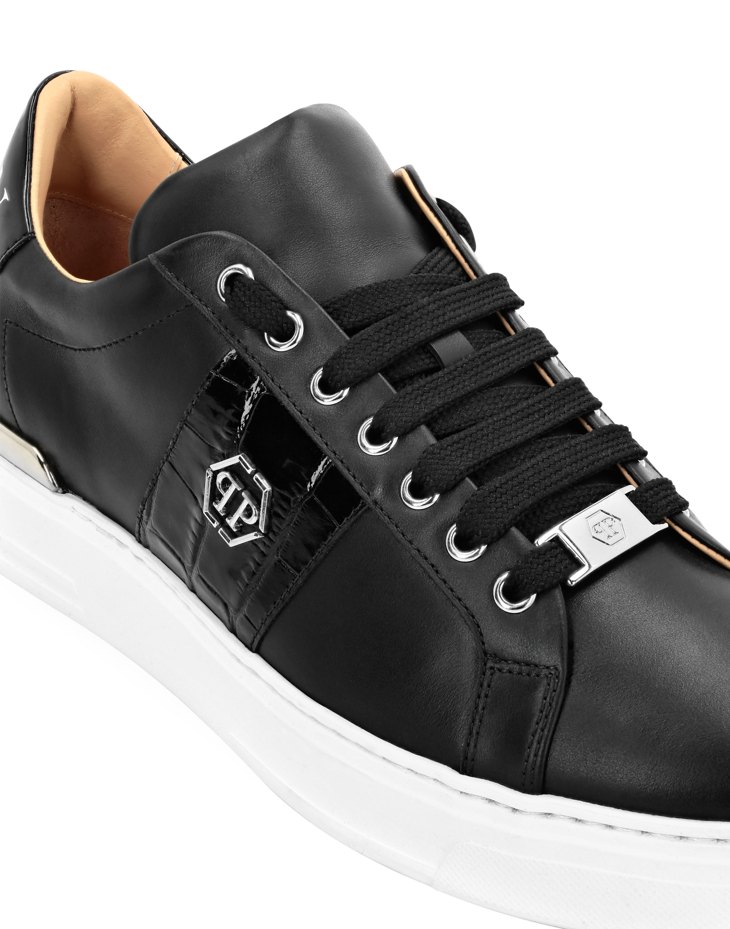 PHILPP PLEIN Mix Leather Lo-Top Sneakers Hexagon