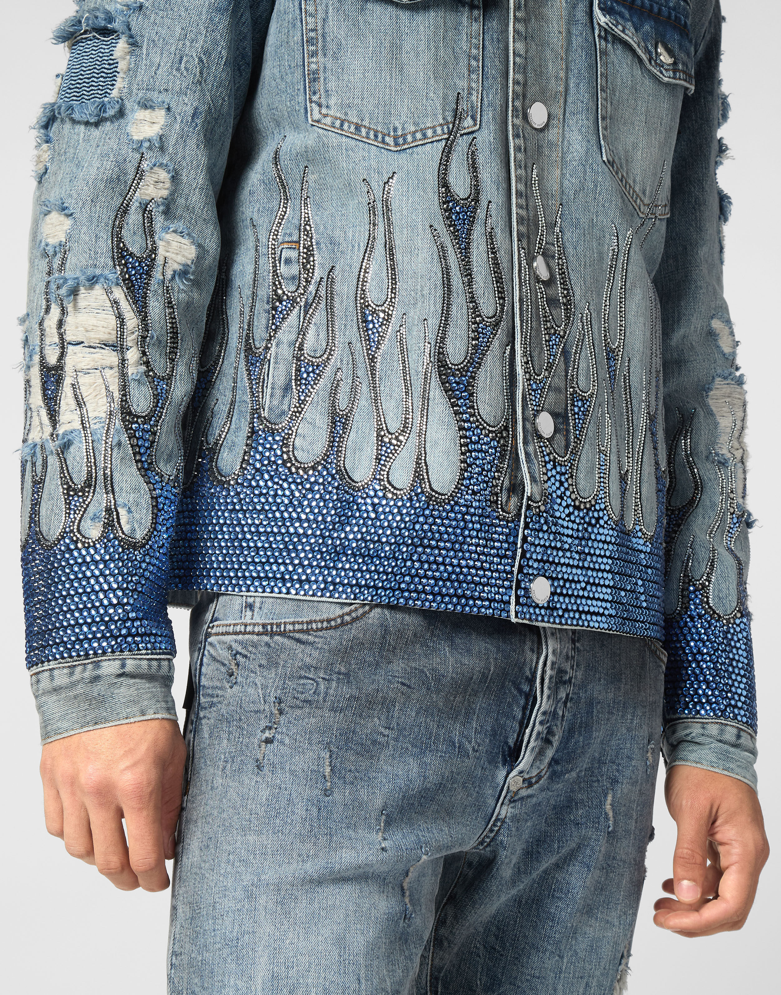 PHILPP PLEIN Denim Oversize Jacket LS Strass Flame