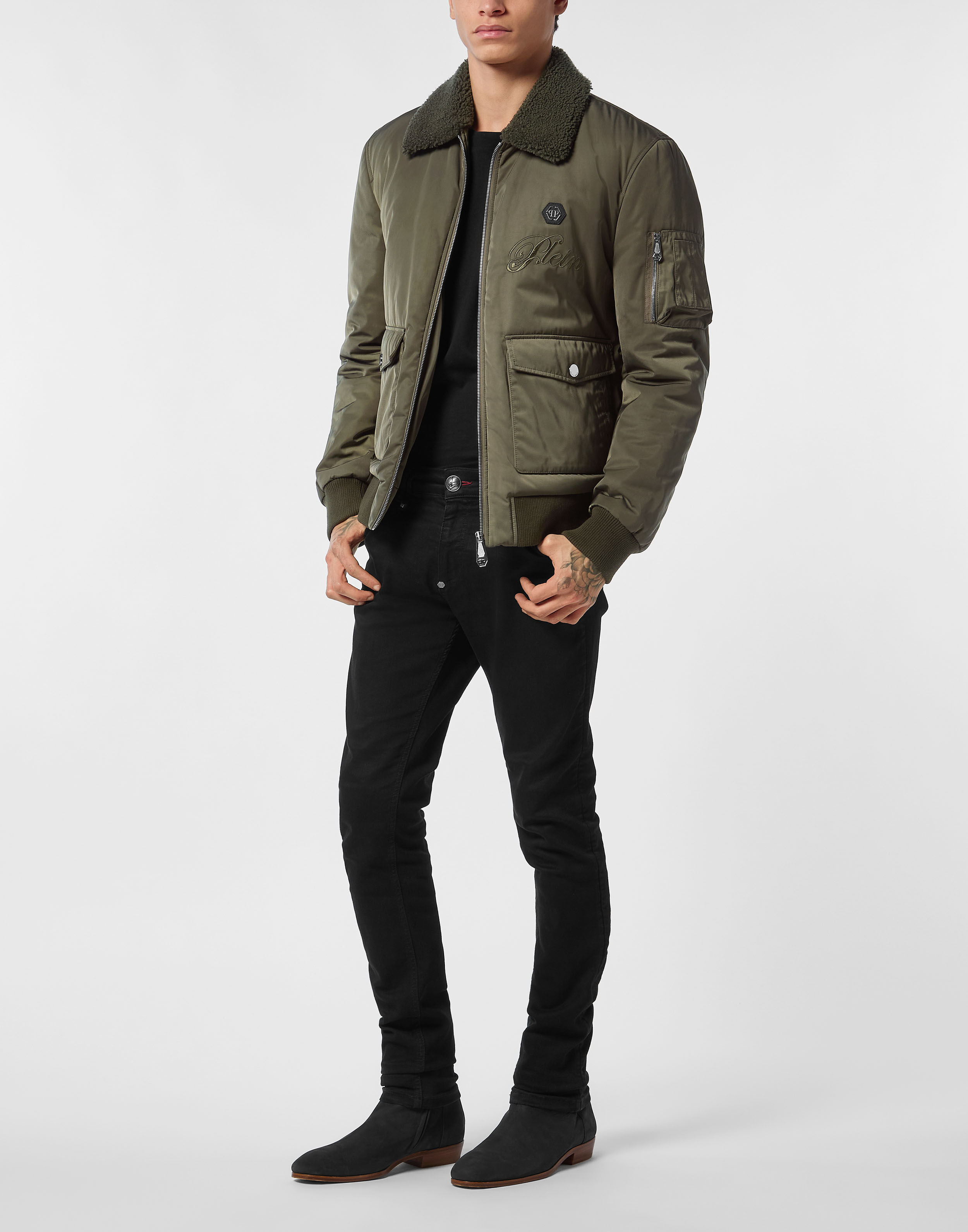 PHILPP PLEIN Nylon Aviator Jacket with Shearling Collar